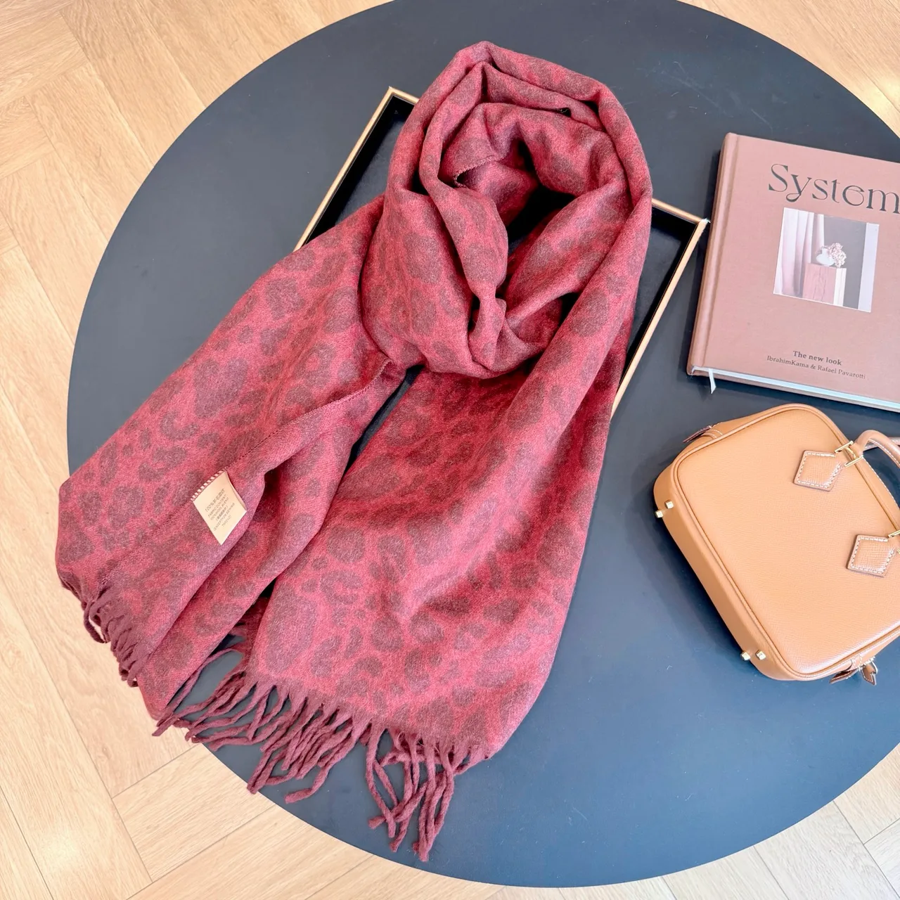 Leopard-Pattern Fringe Scarf in Red & Grey · view 3