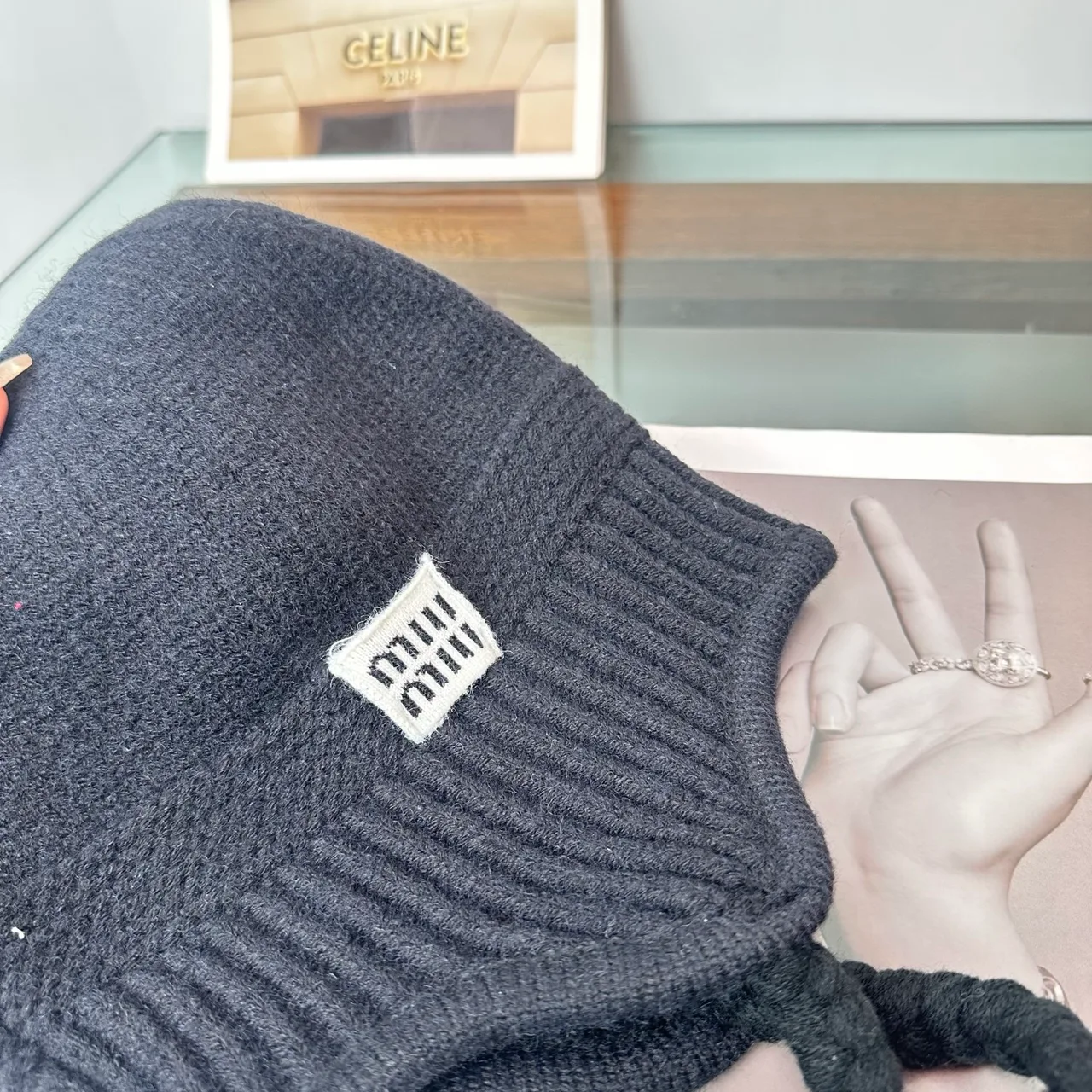 Miu Miu Ribbed Earflap Hat in Black · view 7