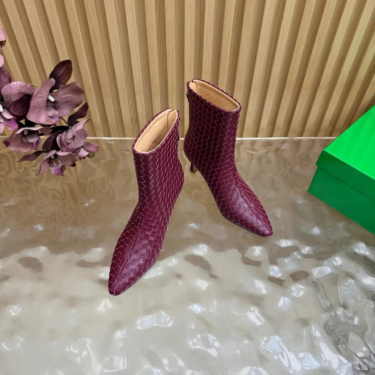Bottega Veneta Woven Glossy Pointed-Toe Ankle Boots in Burgundy · view 6