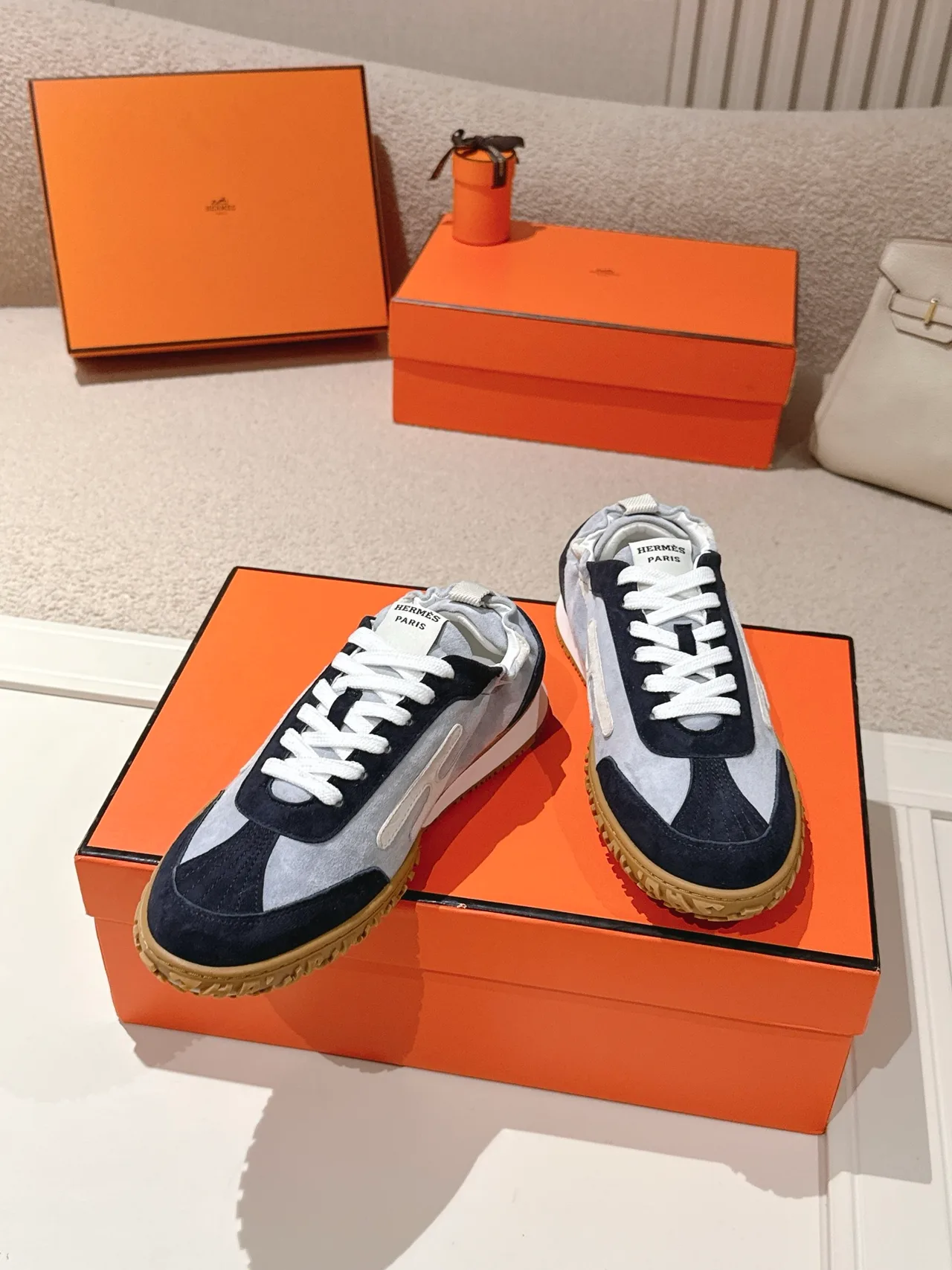 Hermes Sheepskin Suede Sneakers in Blue · view 3