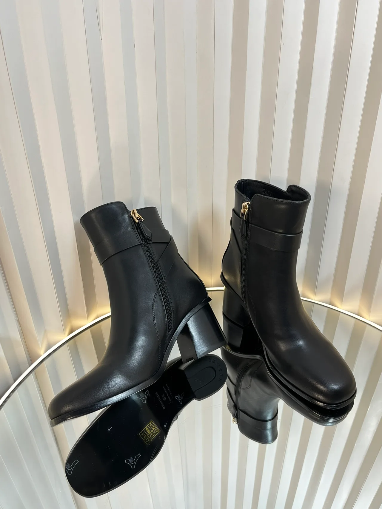 Calfskin Glossy D-Buckle Smooth Ankle Boots in Black · view 4