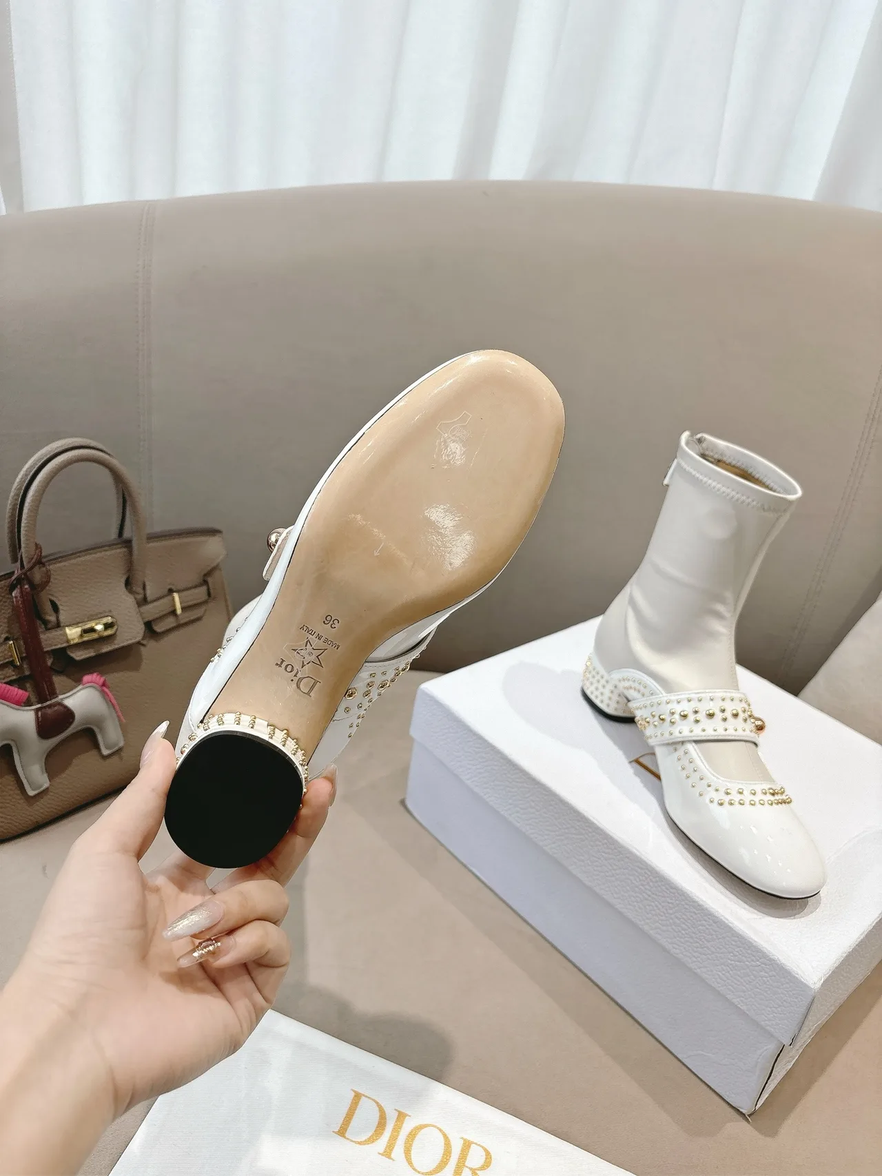 Dior Sheepskin Patent Leather Glossy Studded Ankle Boots in White · view 7