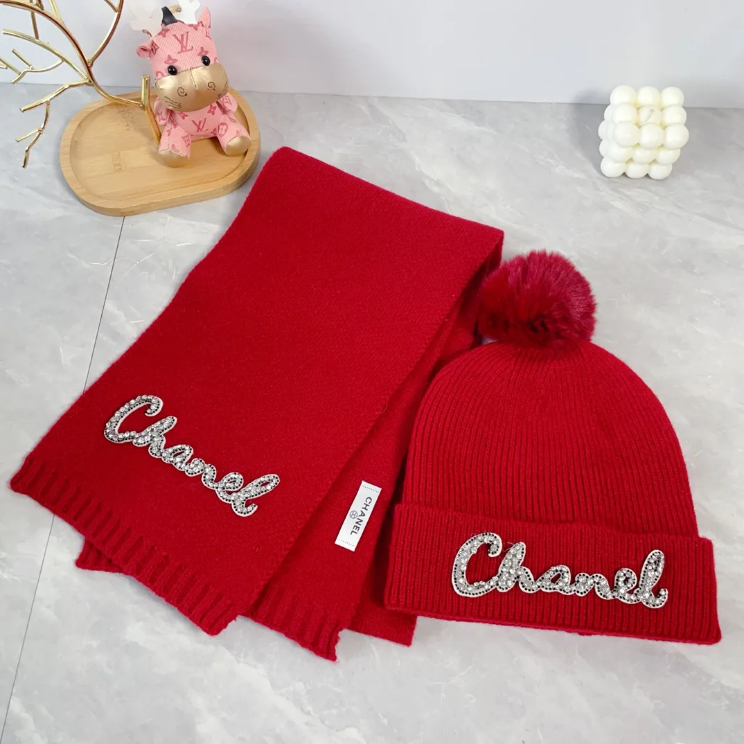 Chanel Wool Ribbed Embroidered Pom-Pom Hat and Scarf Set in Red · view 1