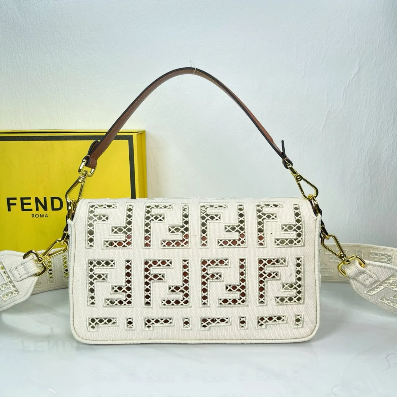 Fendi Canvas Cutout FF-Pattern Flap Shoulder Bag in White · view 2