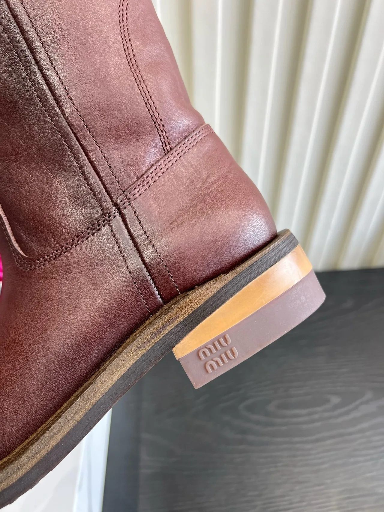 Miu Miu Cowhide Smooth Round-Toe Mid-Calf Boots in Burgundy · view 8