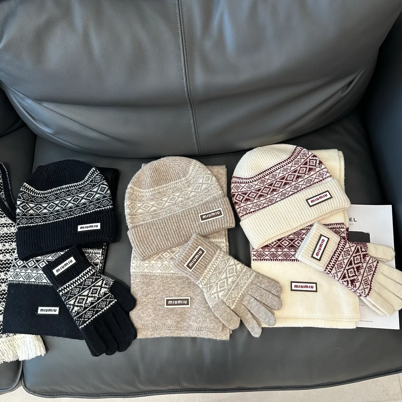 Miu Miu Hat Scarf and Gloves Set in Black & Beige & White · view 6
