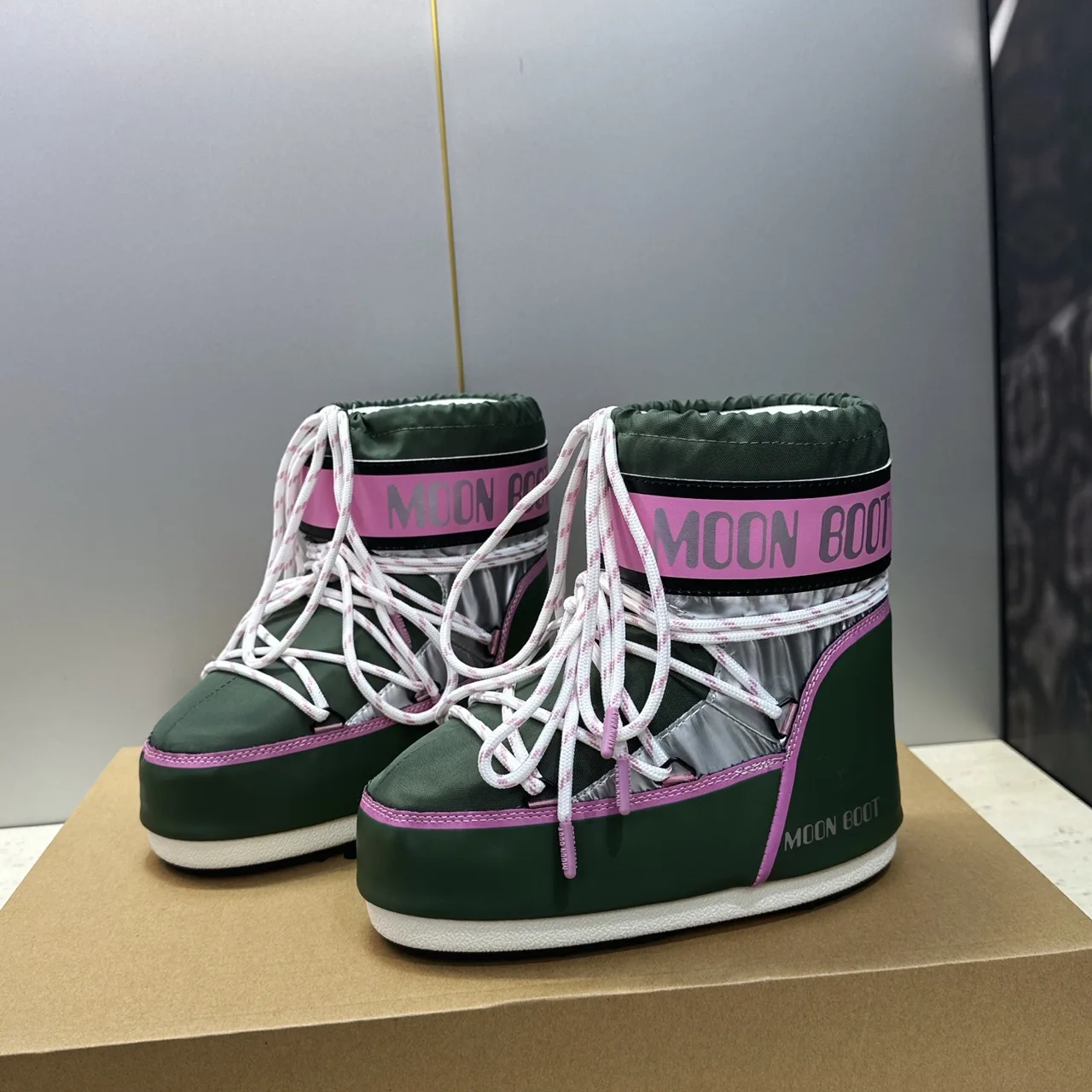 Moon Boot Quilted Striped Lace-Up Snow Boots in Green · view 3
