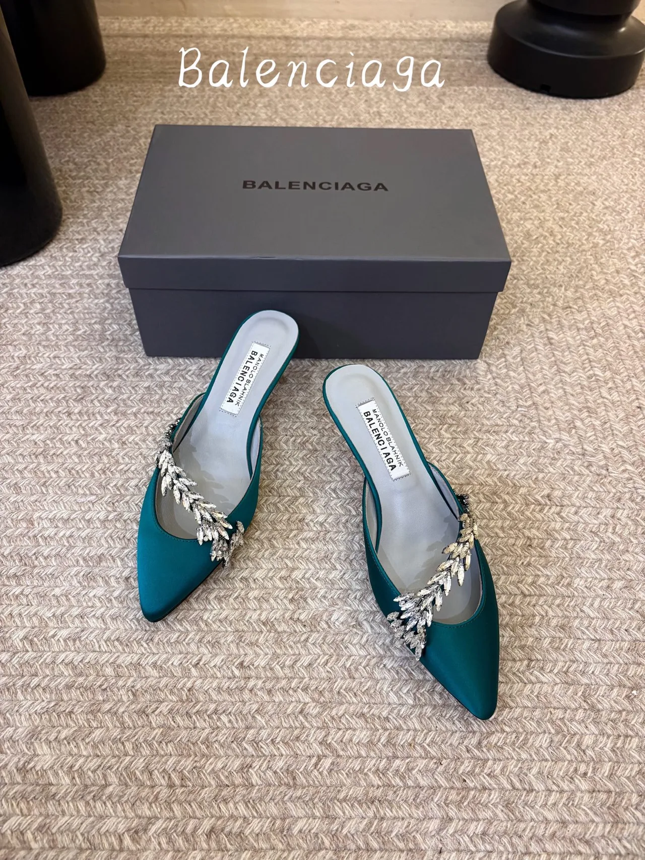 Balenciaga Silk Glossy Pointed-Toe Heeled Mules in Green · view 2