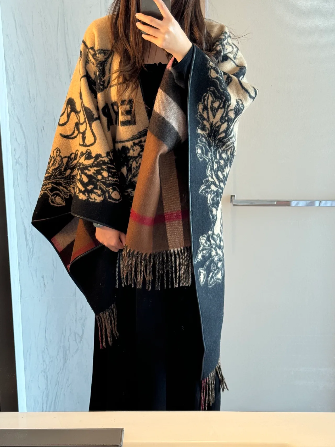 Burberry Wool Cashmere Reversible Check and Equestrian Poncho in Beige · view 2