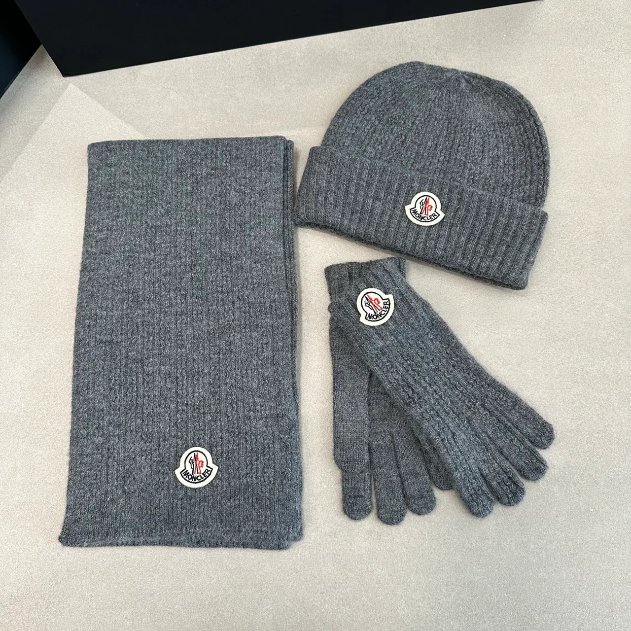 Moncler Hat, Scarf and Gloves Set in Red & Black & White & Grey & Beige · view 4