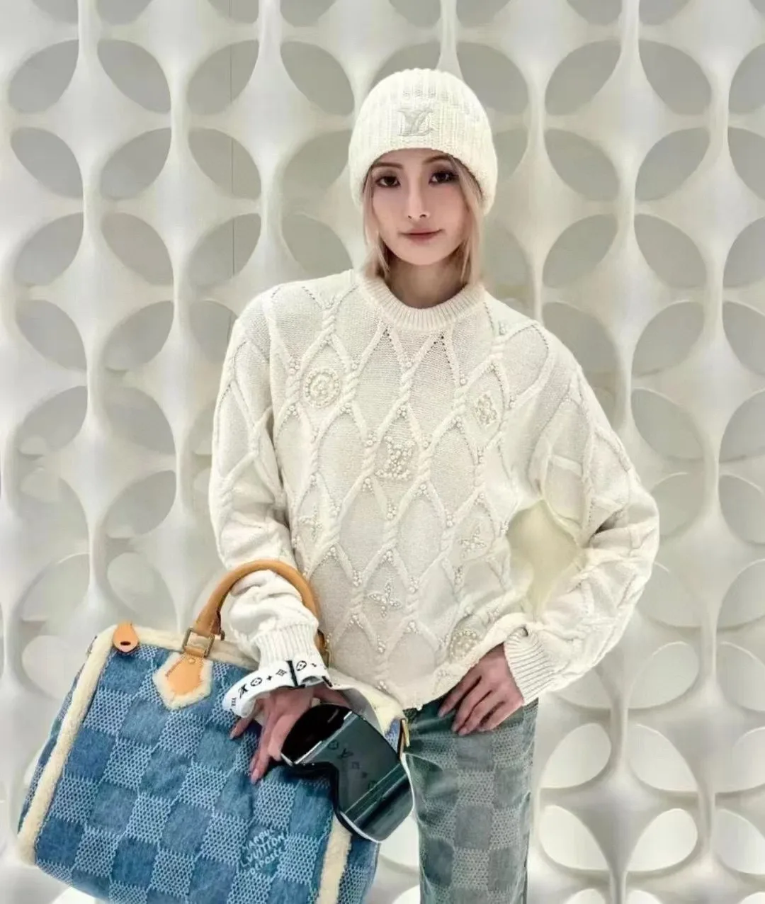 Louis Vuitton Wool Ribbed Embroidered Beanie in White · view 2