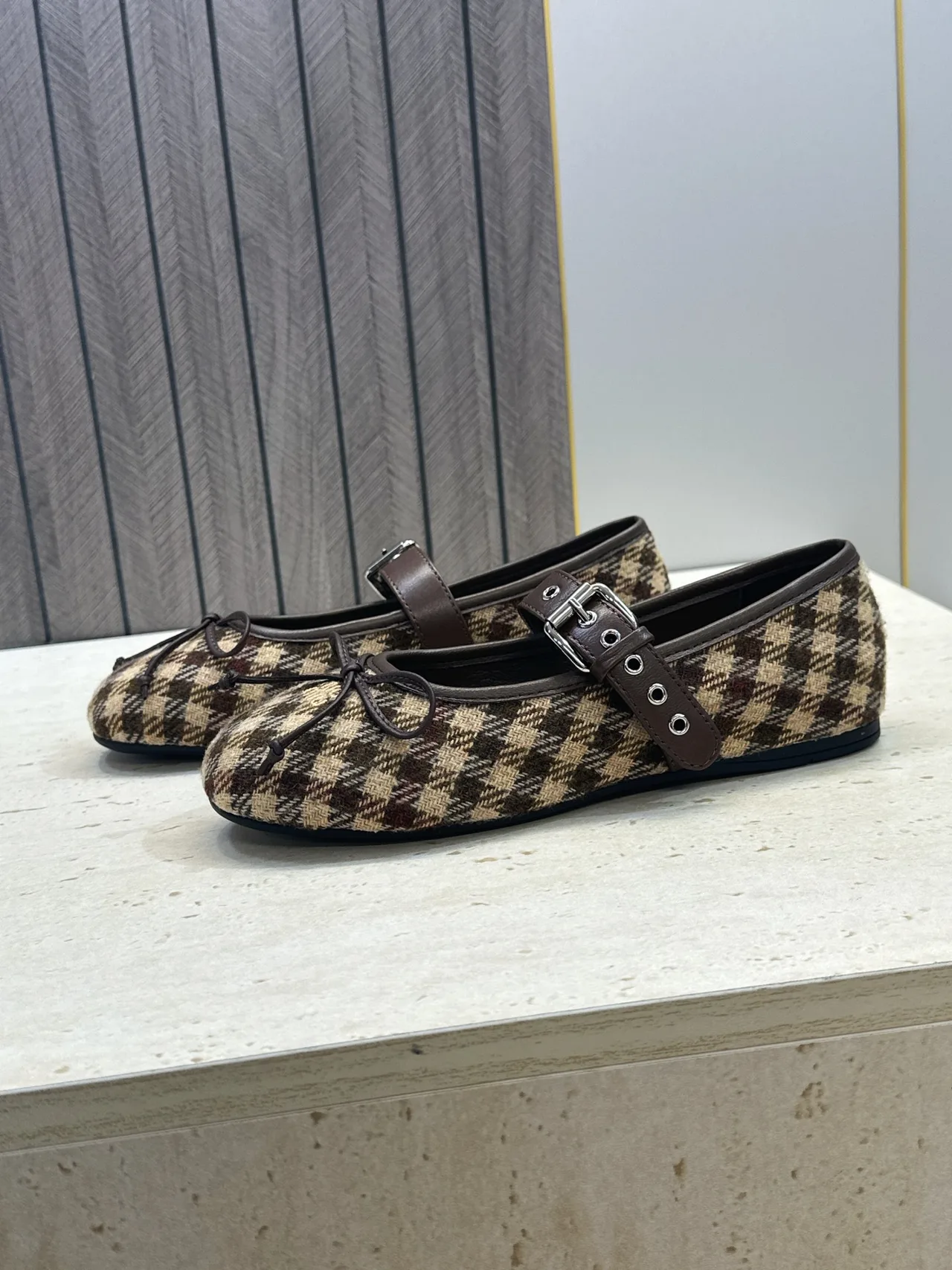 Miu Miu Calfskin Check Round-Toe Mary Jane Flats in Brown · view 5