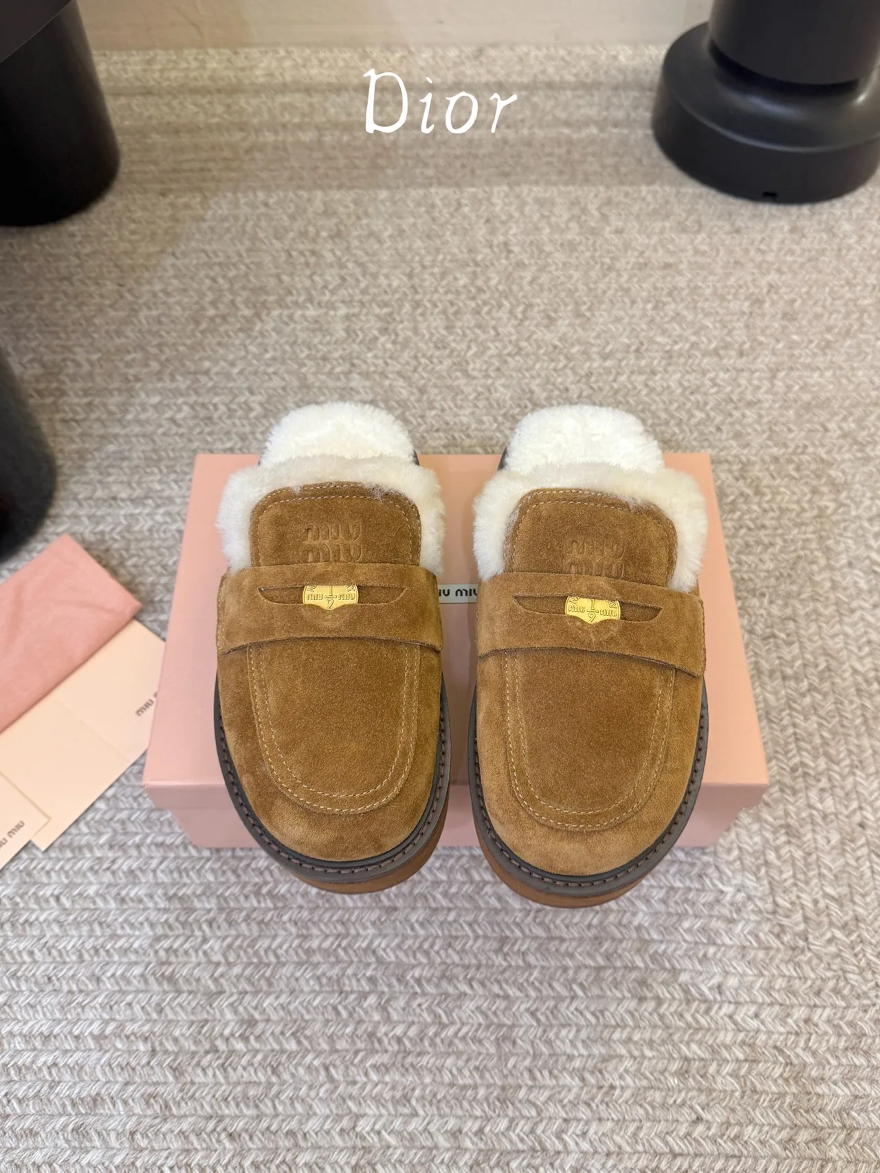 Dior Suede Suede-Look Round-Toe Lined Loafer Mules in Brown · view 1