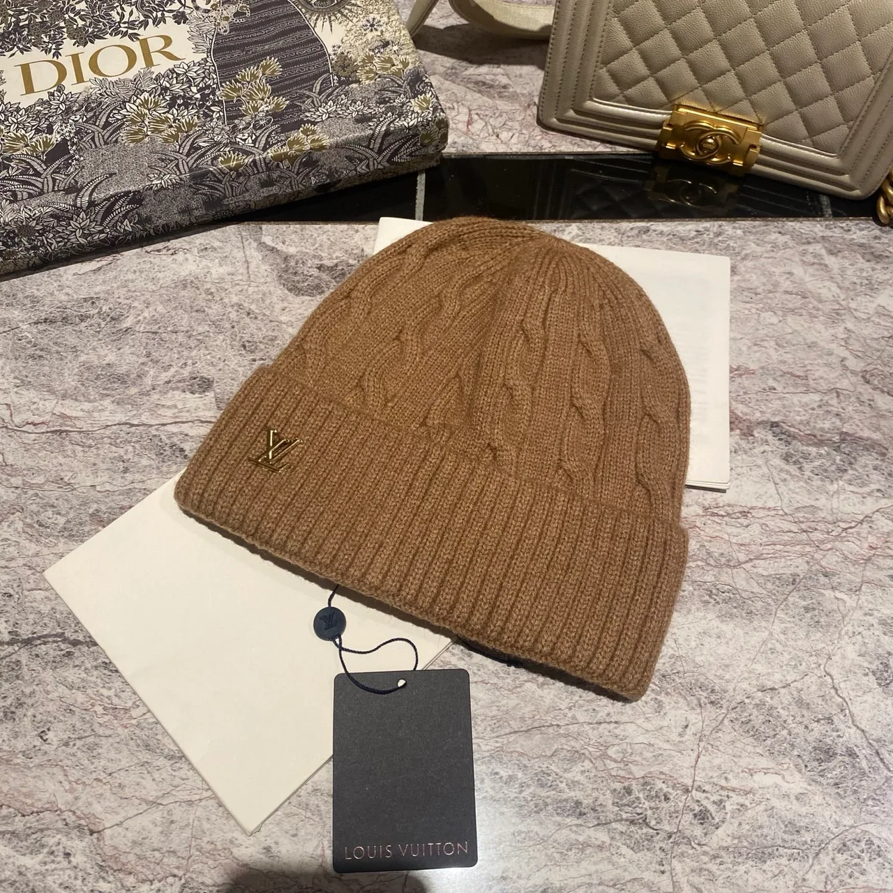 Louis Vuitton Cable-Knit LV Beanie in Grey & Cream & Pink & White & Tan & Burgundy & Blue & Black · view 6