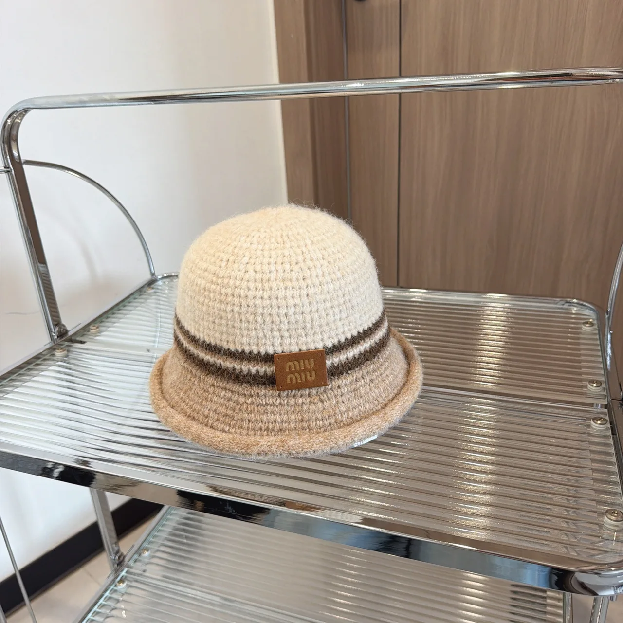 Miu Miu Knit bucket hat in Cream & Brown & Grey · view 1