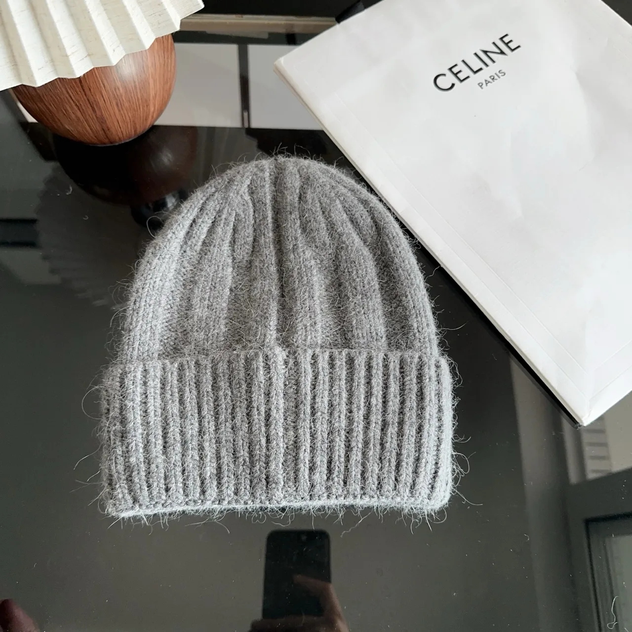 Celine Ribbed Embroidered Beanie in Grey · view 7