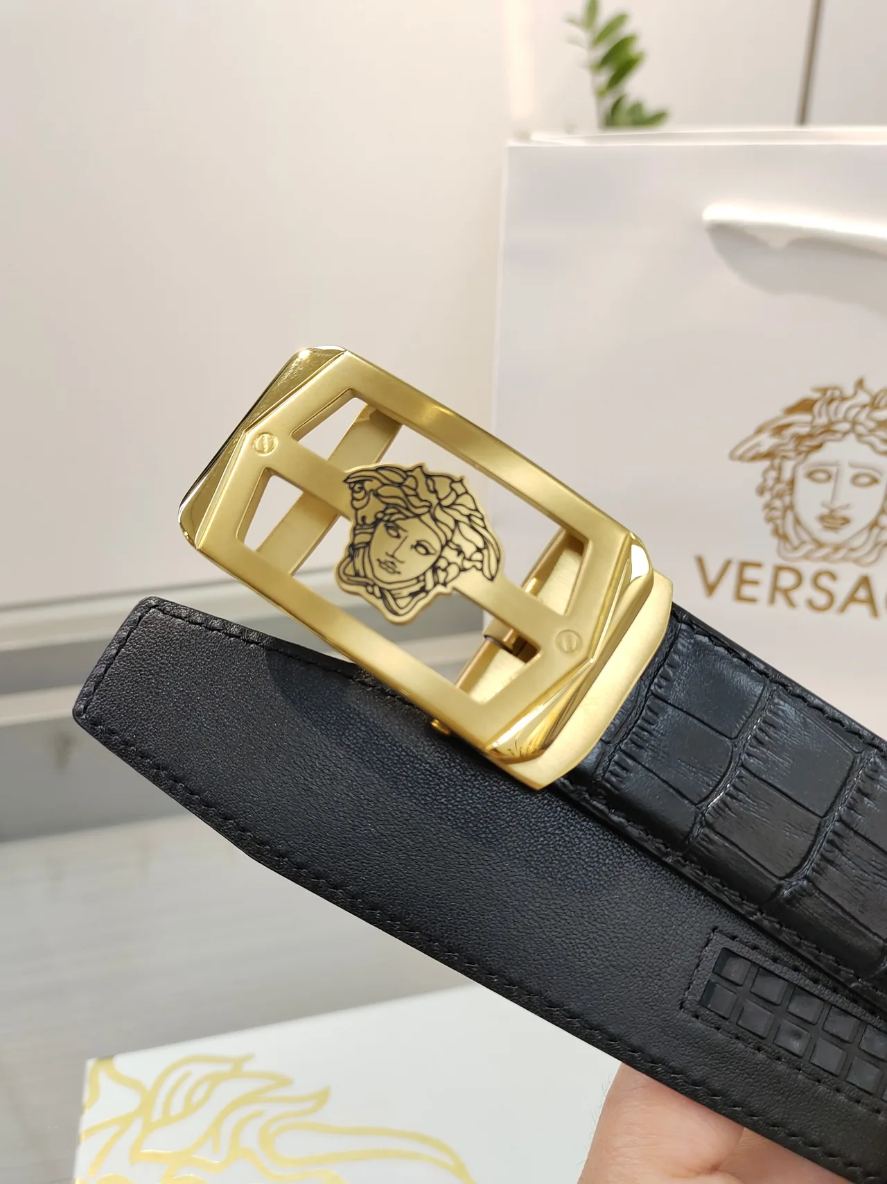 Versace Calfskin Belt in Black · view 6
