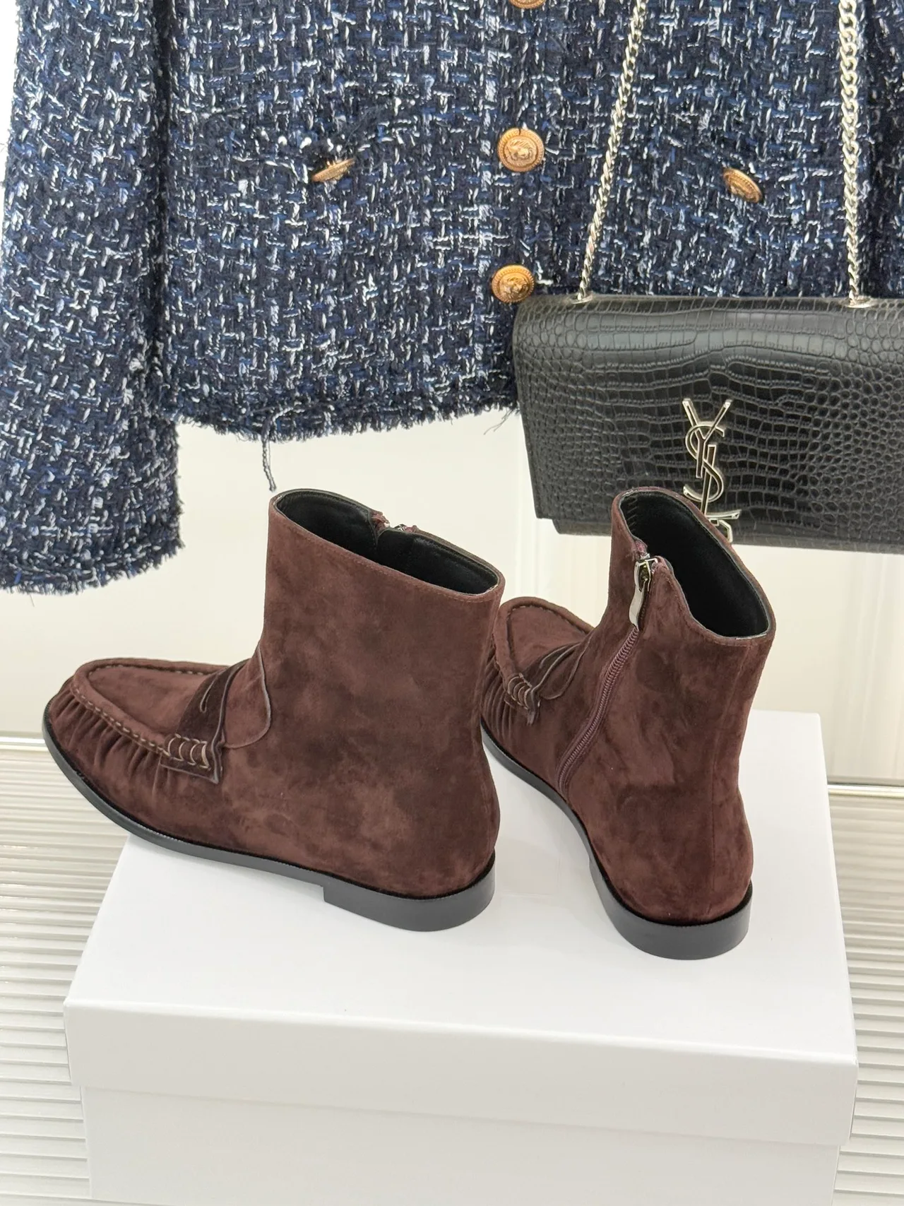 Saint Laurent Suede-Look Round-Toe Ankle Boots in Brown · view 5