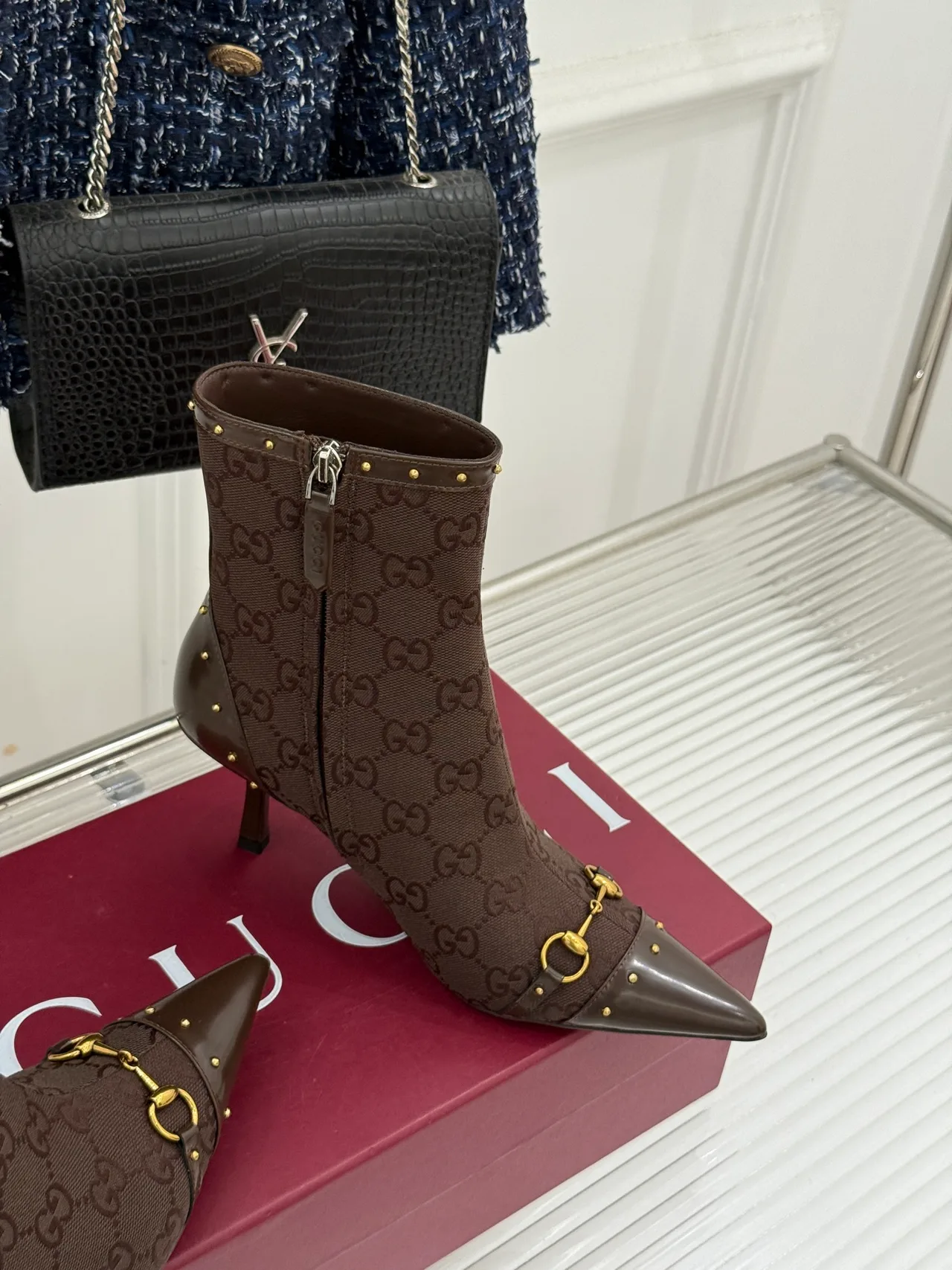 Gucci Sheepskin Canvas Ankle Boots in Brown · view 3