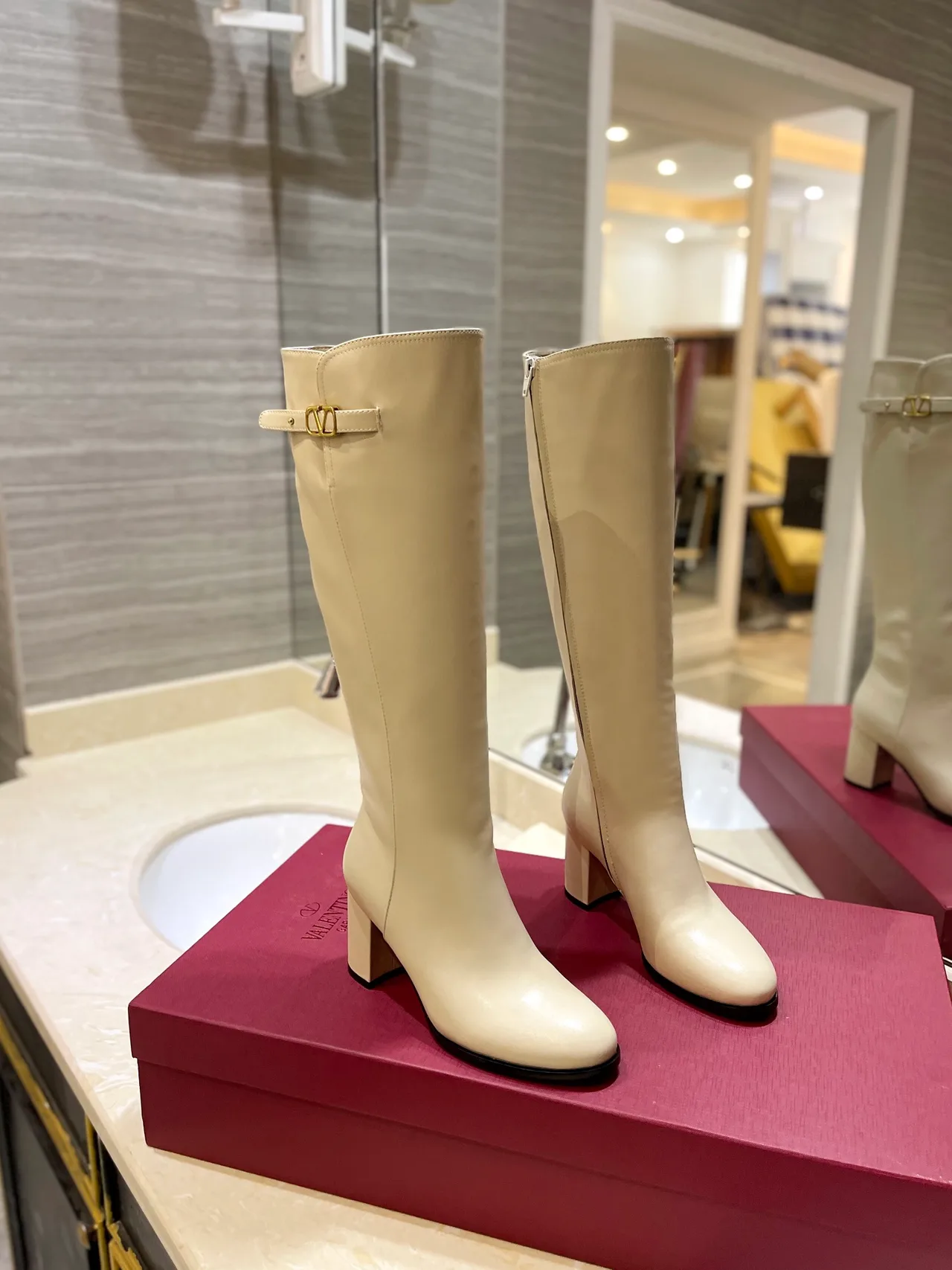 Valentino Leather Glossy Round-Toe Buckle Knee-High Boots in White · view 1
