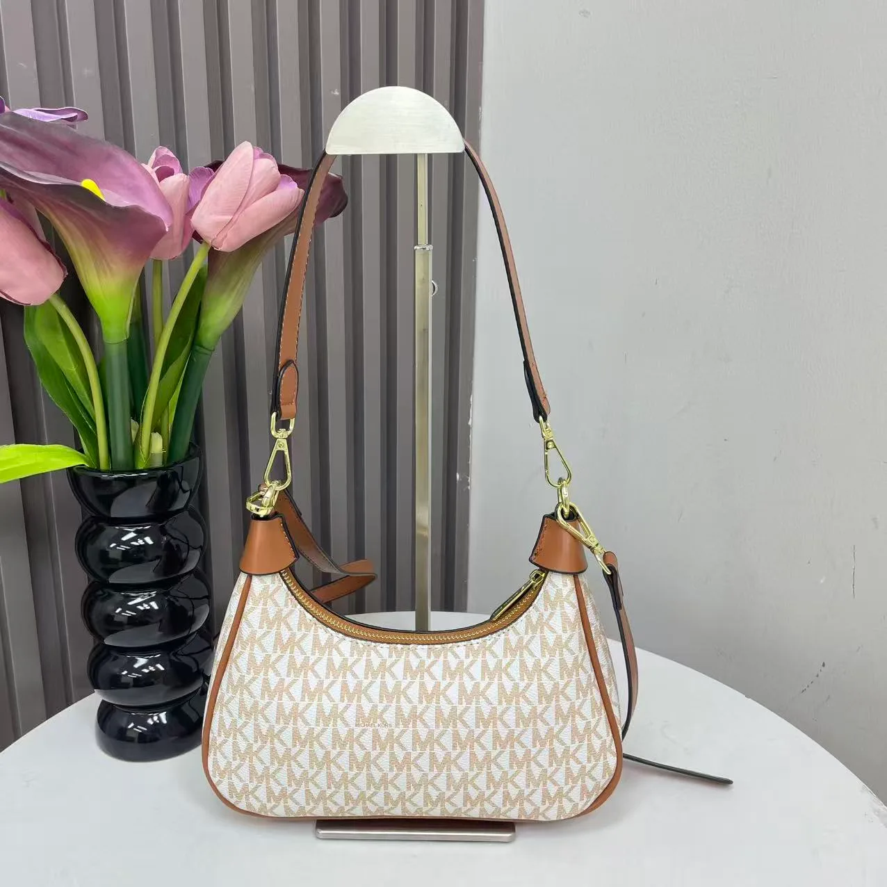 Michael Kors MK Crescent Shoulder Bag in Grey & Brown & White & Beige · view 7