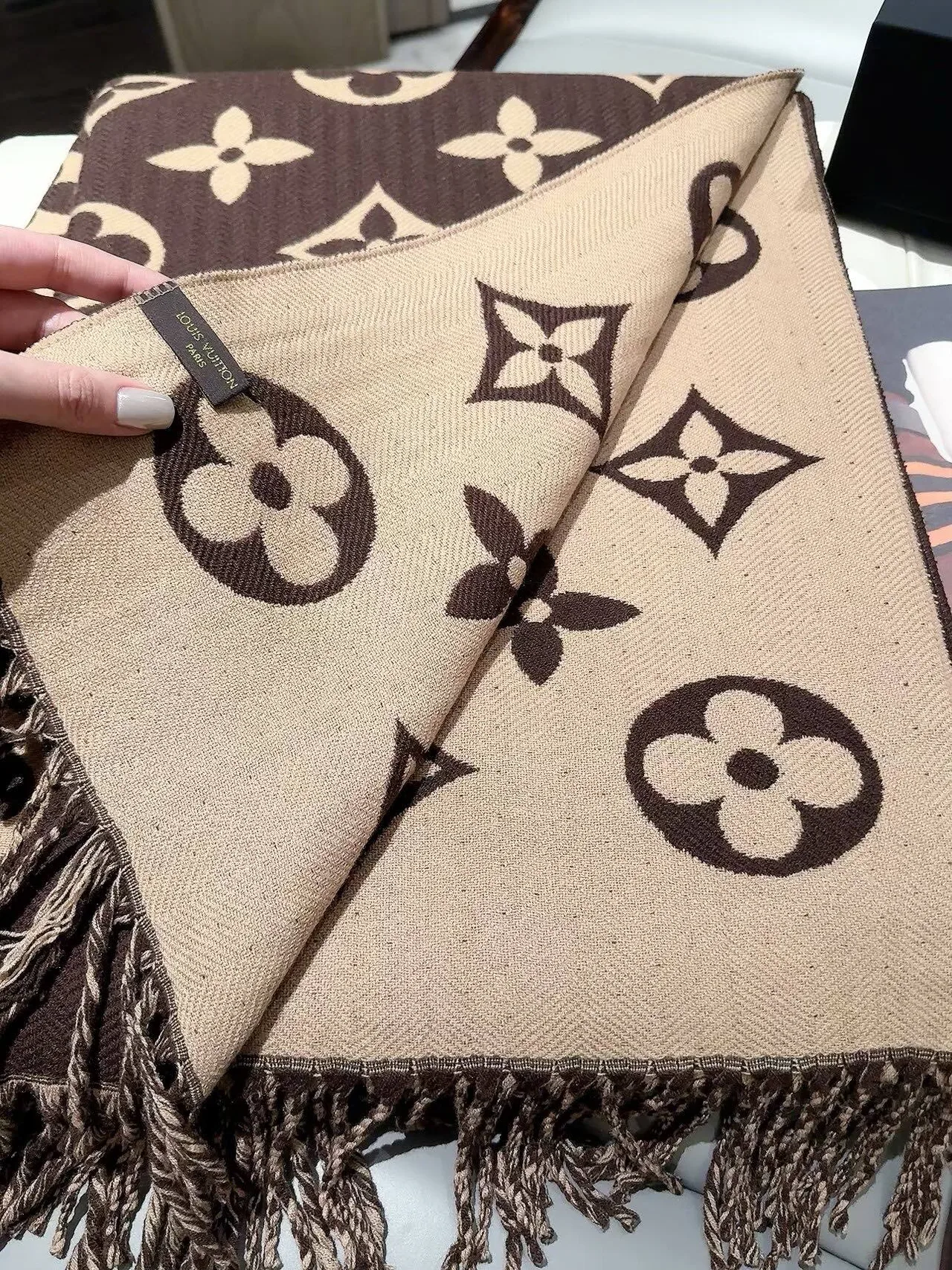 Louis Vuitton Reversible Monogram Shawl in Pink & Brown · view 8