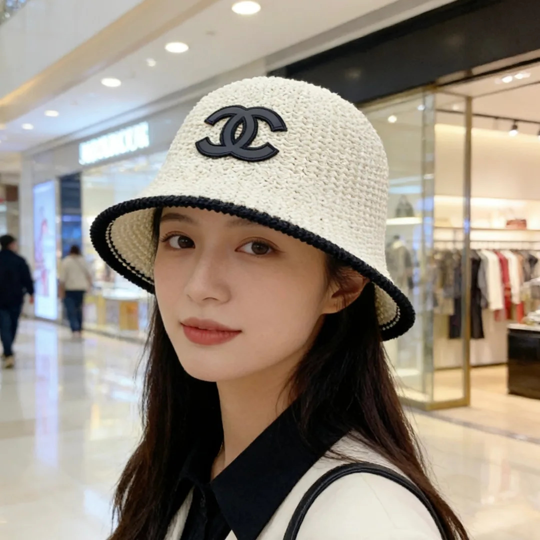Chanel Woven Bucket Hat in White & Blue & Beige & Brown · view 3