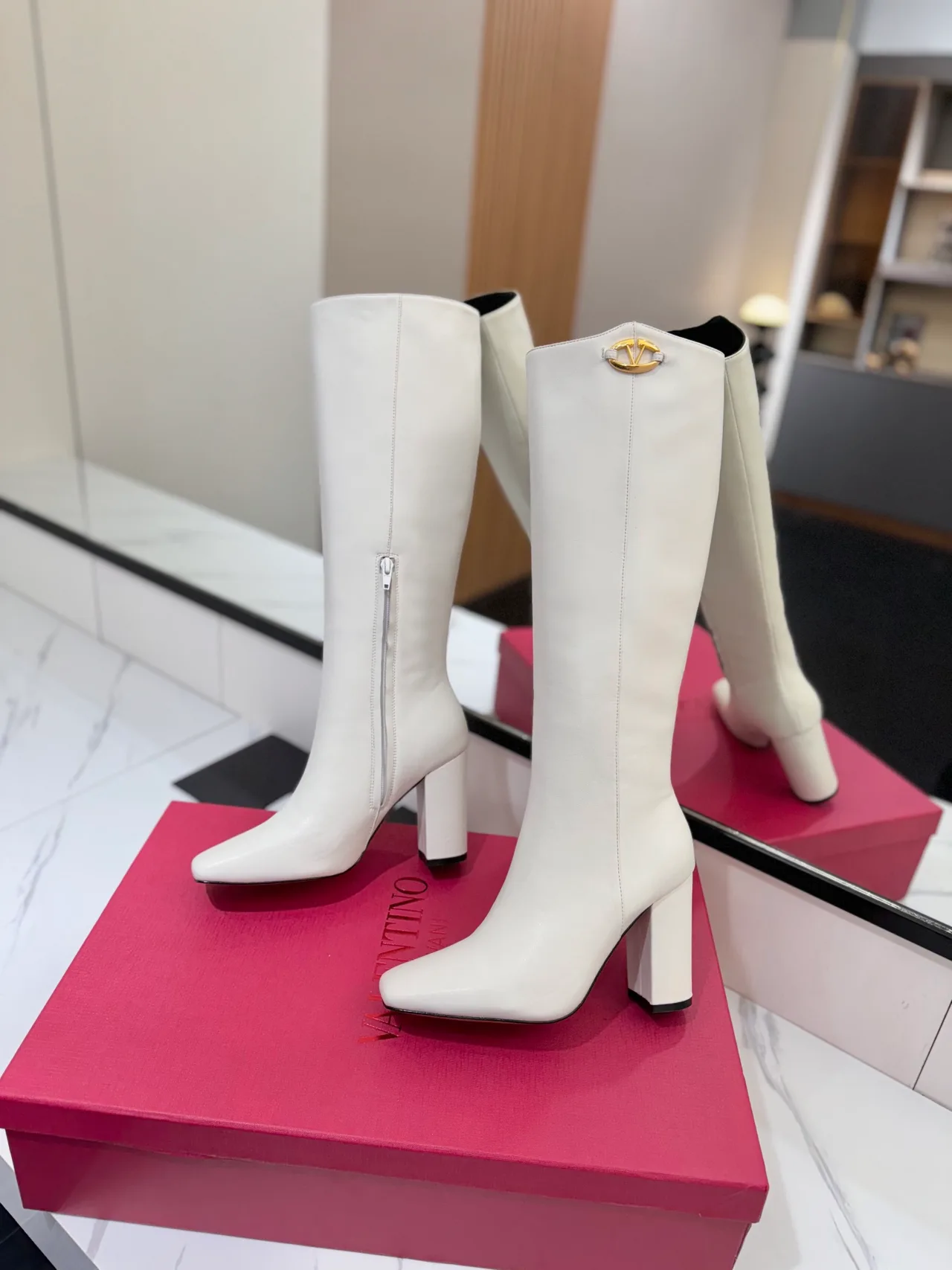 Valentino Cowhide Glossy Pointed-Toe Knee-High Boots in White · view 4