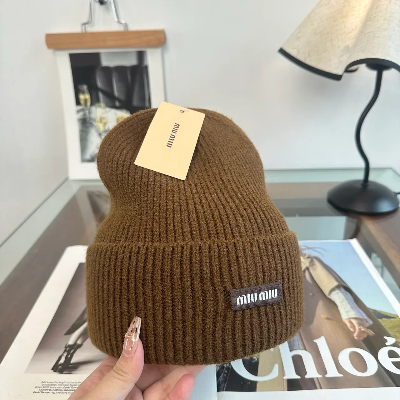 Miu Miu Ribbed Beanie in Brown · view 4