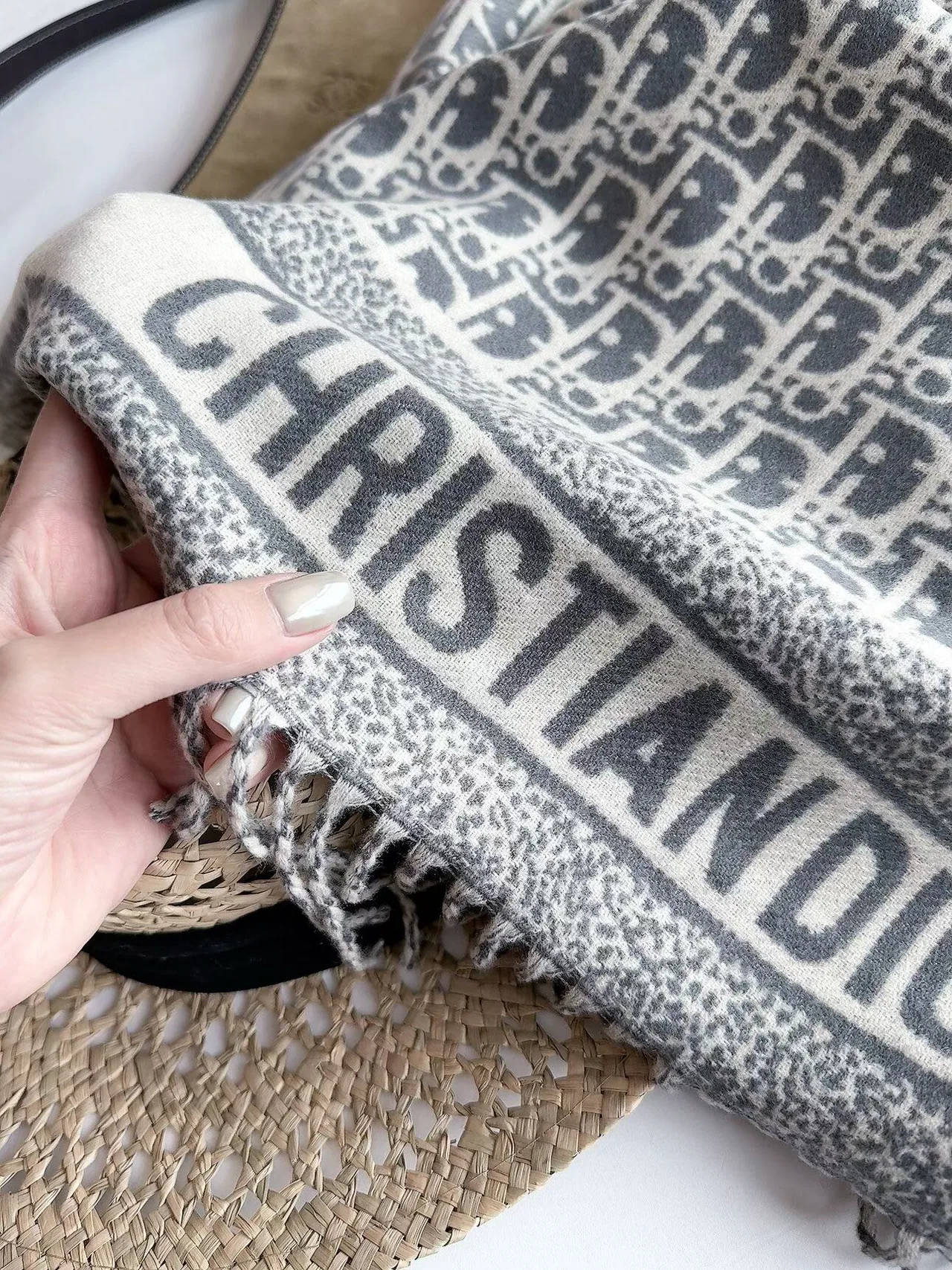 Dior Oblique Fringe Scarf in Grey & Beige · view 6