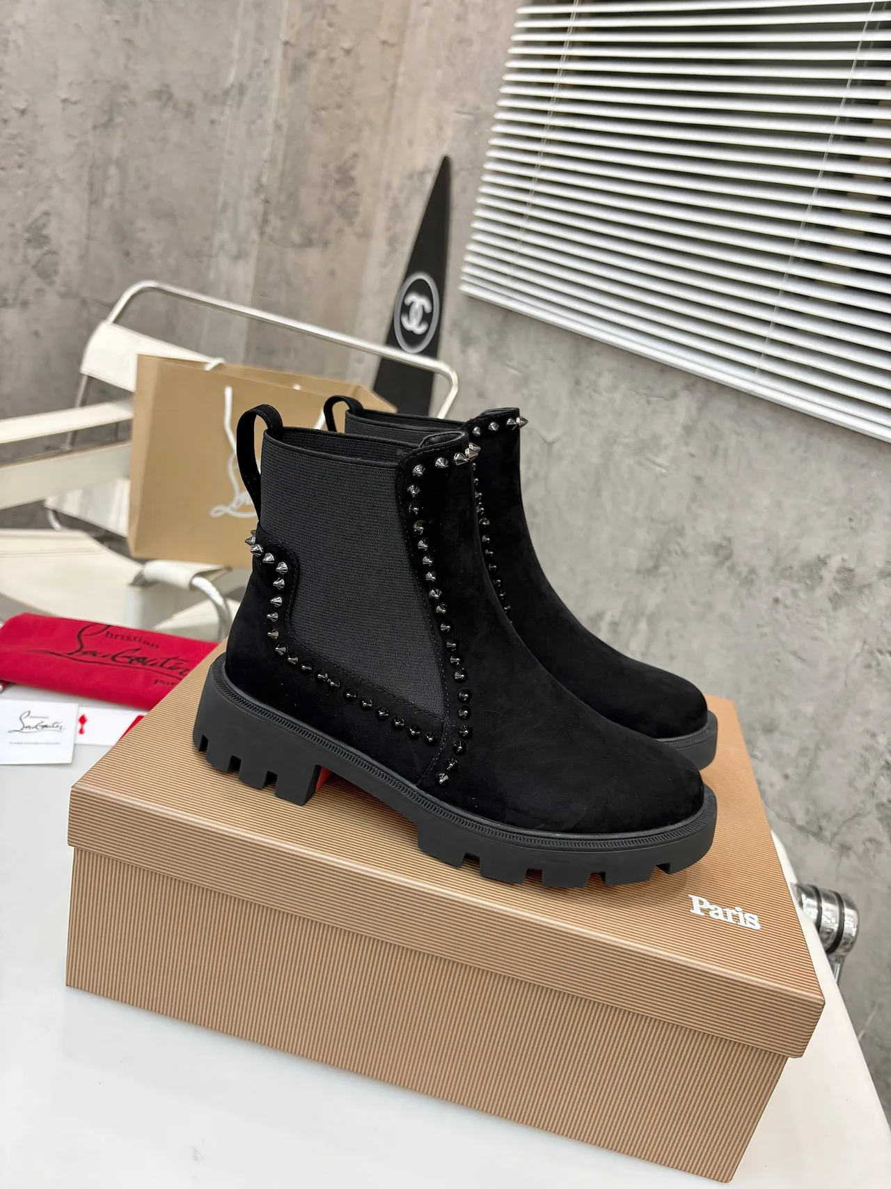 Christian Louboutin Studded Chelsea Boots in Black & Brown & Grey · view 1