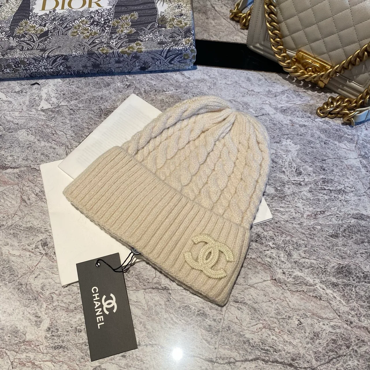 Chanel Cable-knit CC beanie in Black & White & Beige & Tan & Grey · view 3