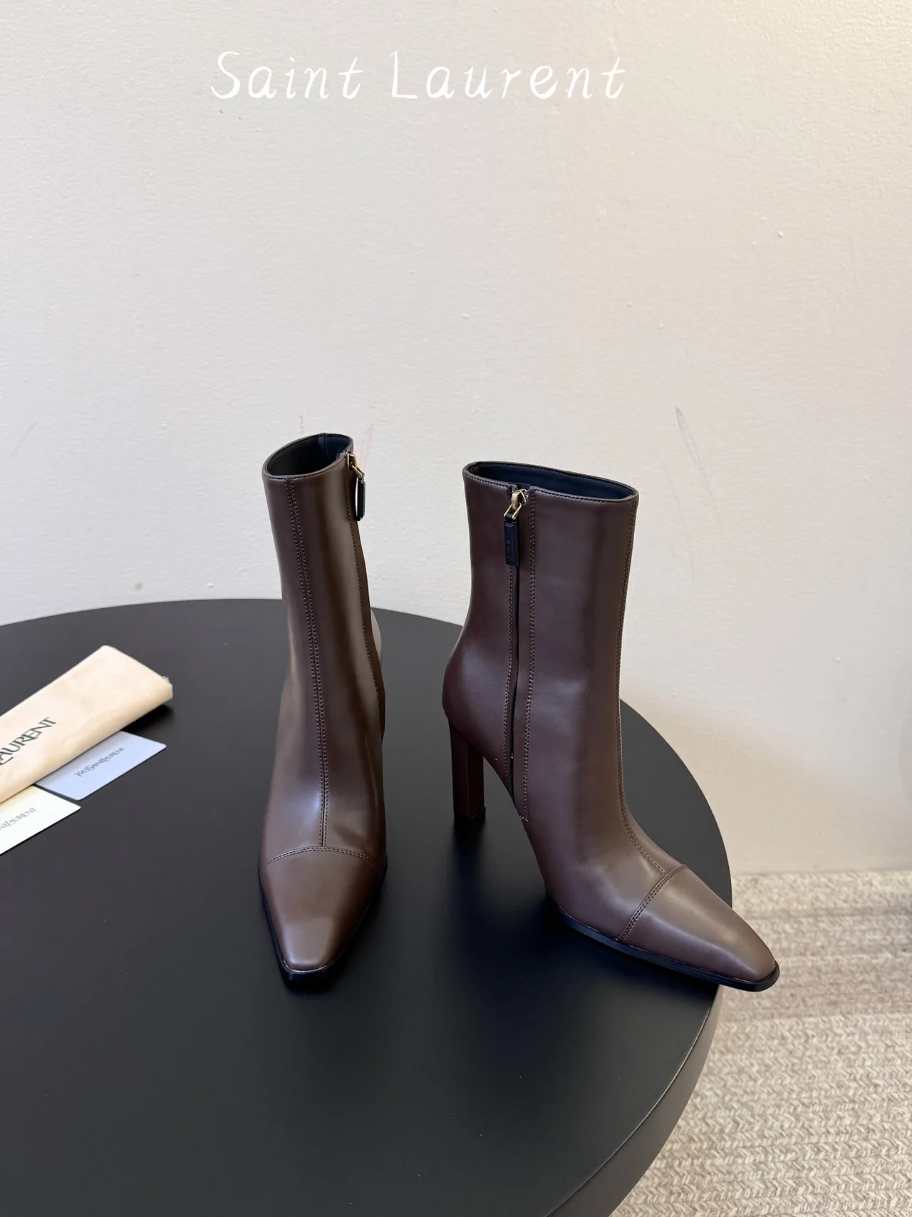Saint Laurent Glossy Square-Toe Ankle Boots in Brown · view 2
