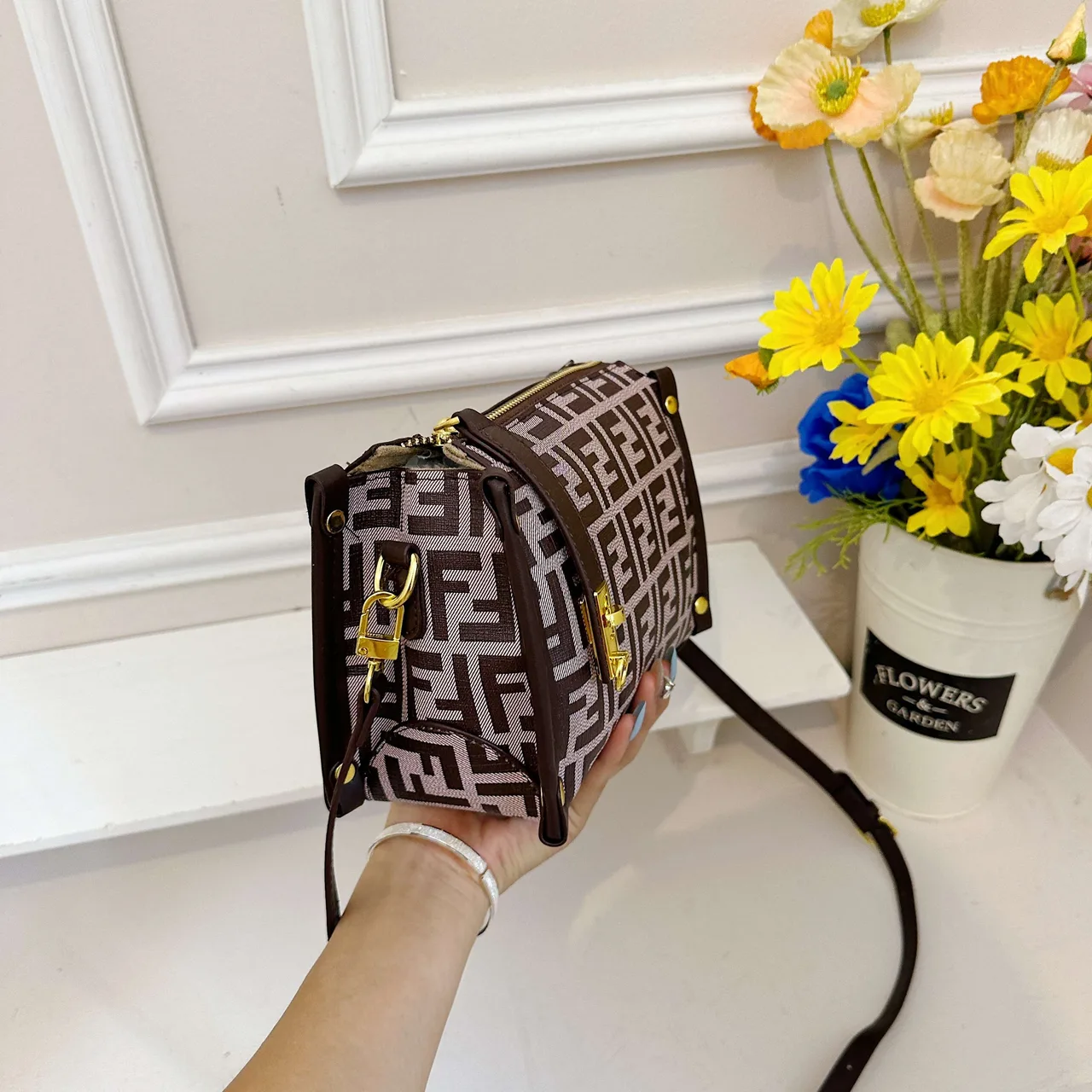 Fendi FF Box Crossbody Bag in Brown & Black & White · view 7