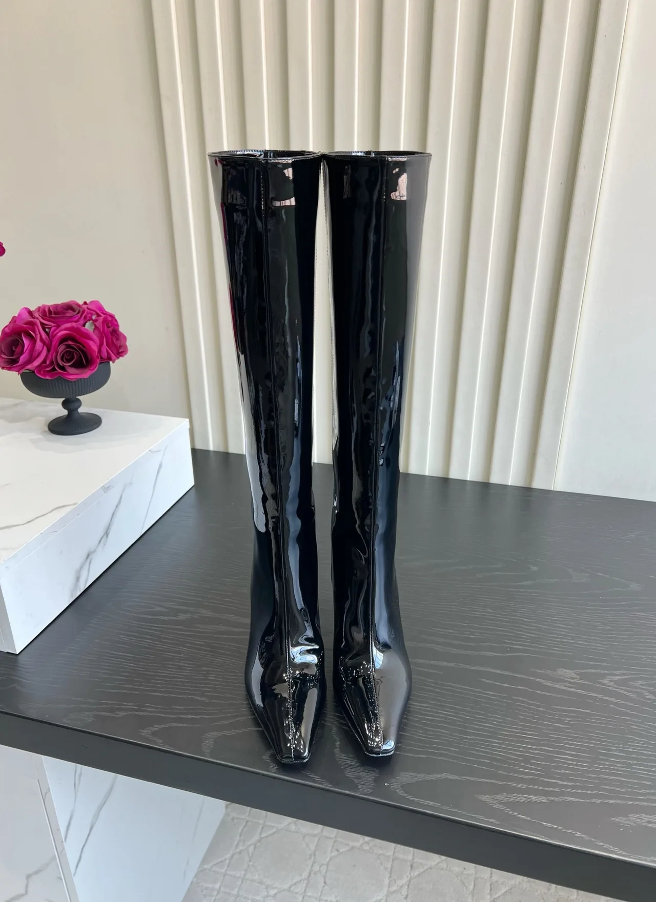 Amina Muaddi Cowhide Glossy Pointed-Toe Knee-High Boots in Black · view 1