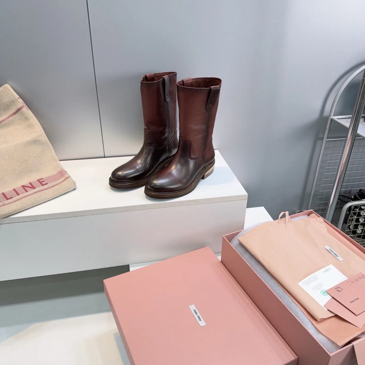 Miu Miu Cowhide Smooth Round-Toe Pull-On Boots in Brown · view 6