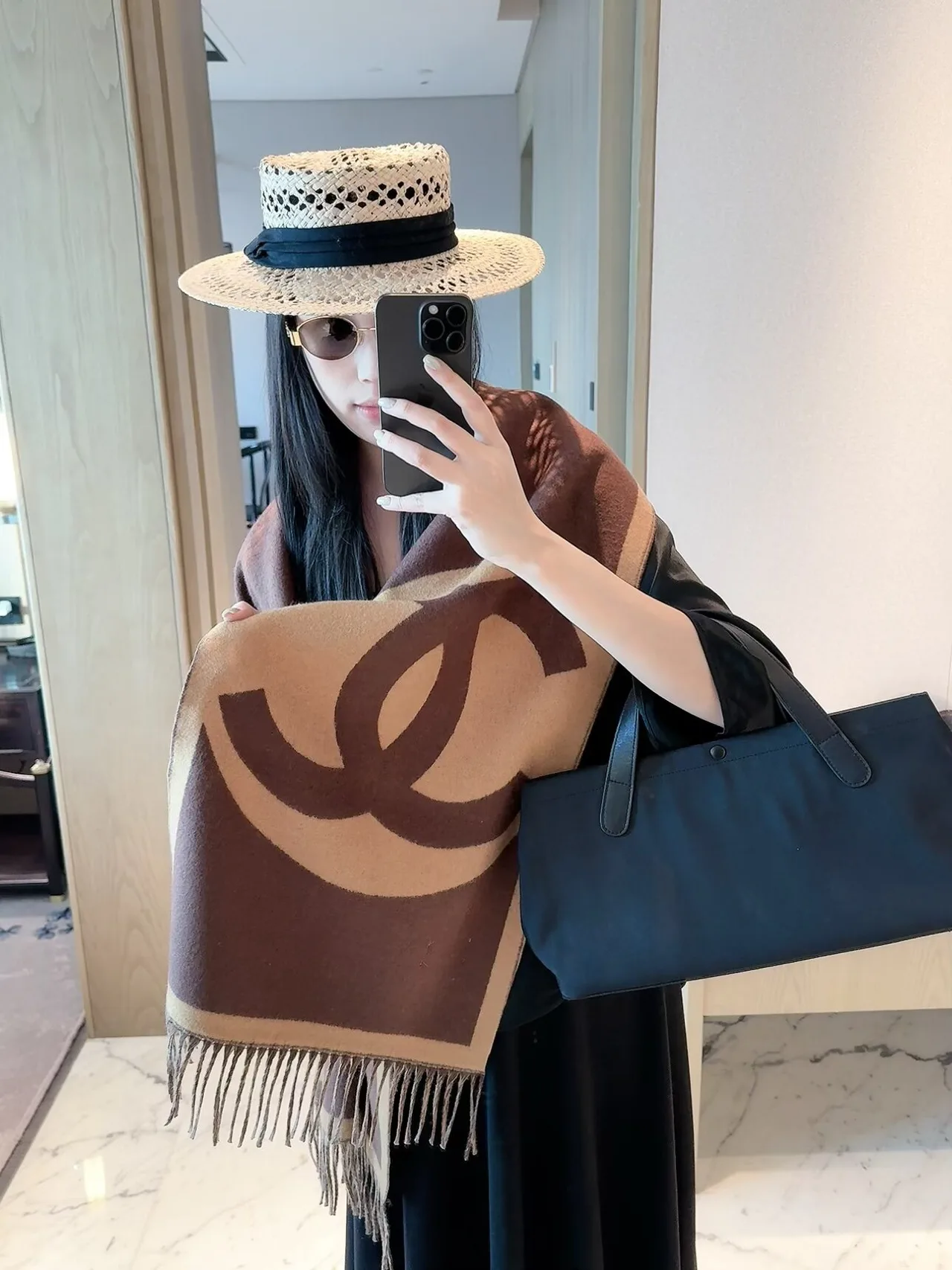 Chanel CC Jacquard Scarf in Beige & Brown · view 6