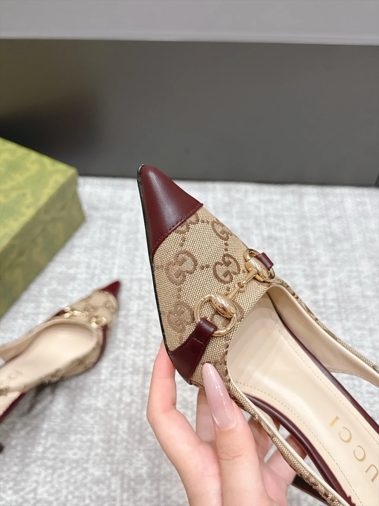 Gucci Glossy Pointed-Toe Monogram Slingback Pumps in Beige · view 7