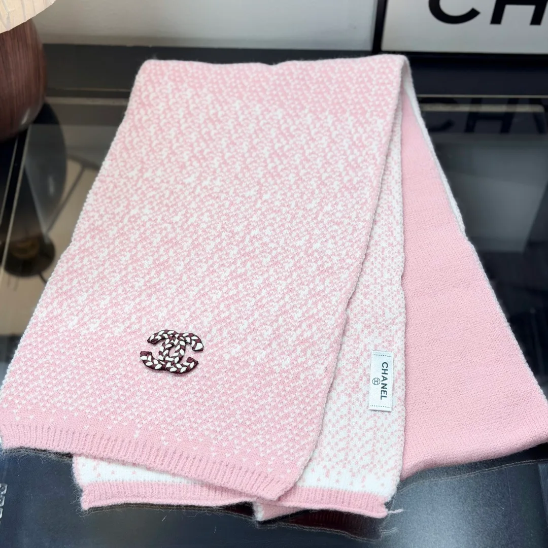 Chanel Ribbed Embroidered Beanie, Scarf and Gloves Set in Pink · view 6