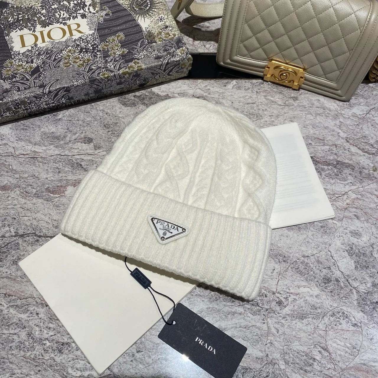 Prada Cable-Knit Beanie in Grey / Black / White / Tan / Cream · view 3
