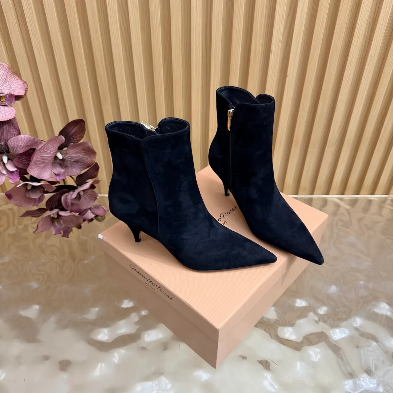 Gucci Suede-Look Pointed-Toe Ankle Boots in Black · view 3