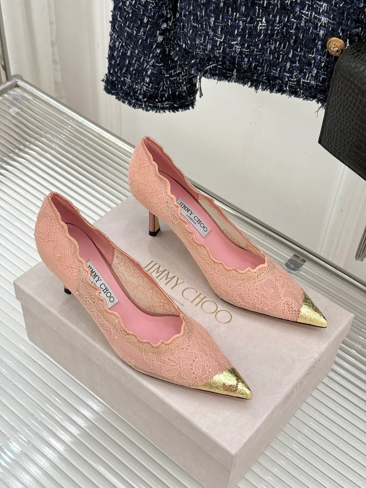 Jimmy Choo Smooth Pointed-Toe Lace Heel Pumps in Pink · view 4