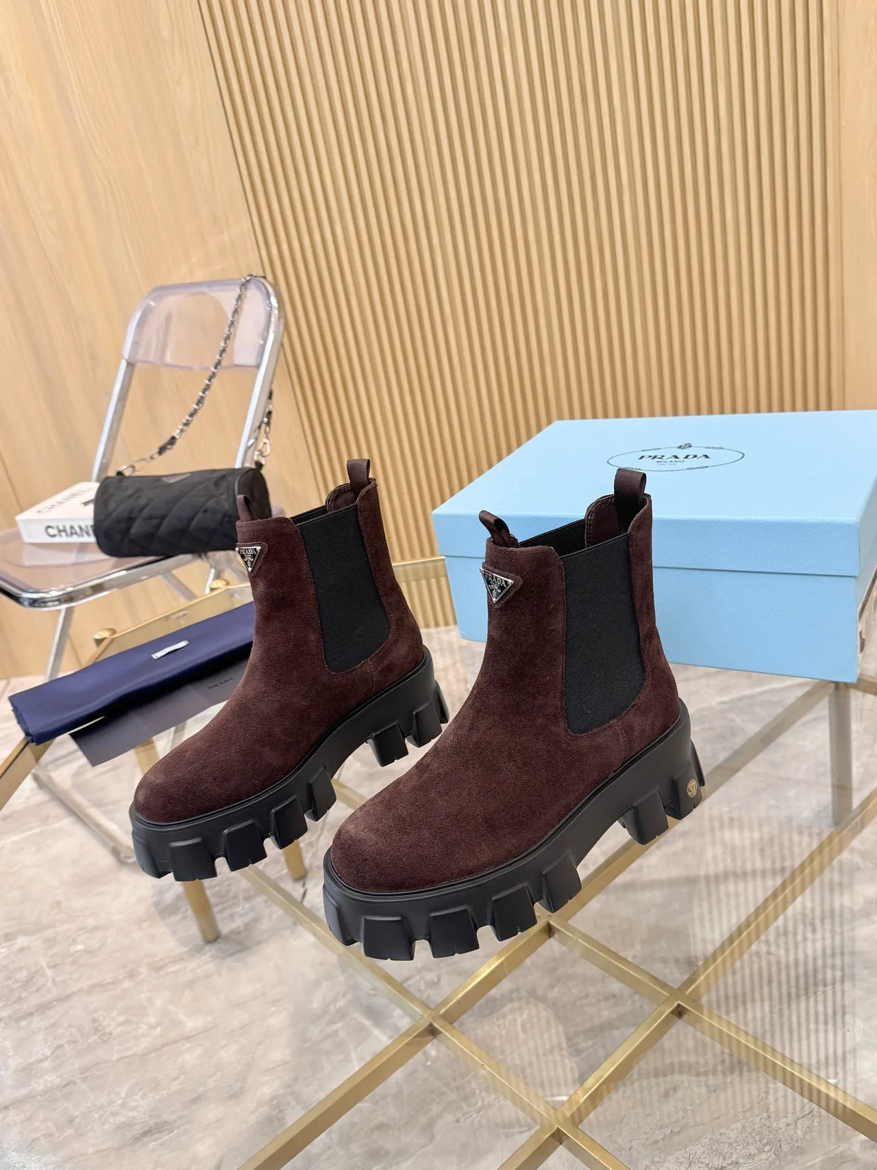 Prada Suede-Look Chelsea Boots in Brown · view 4