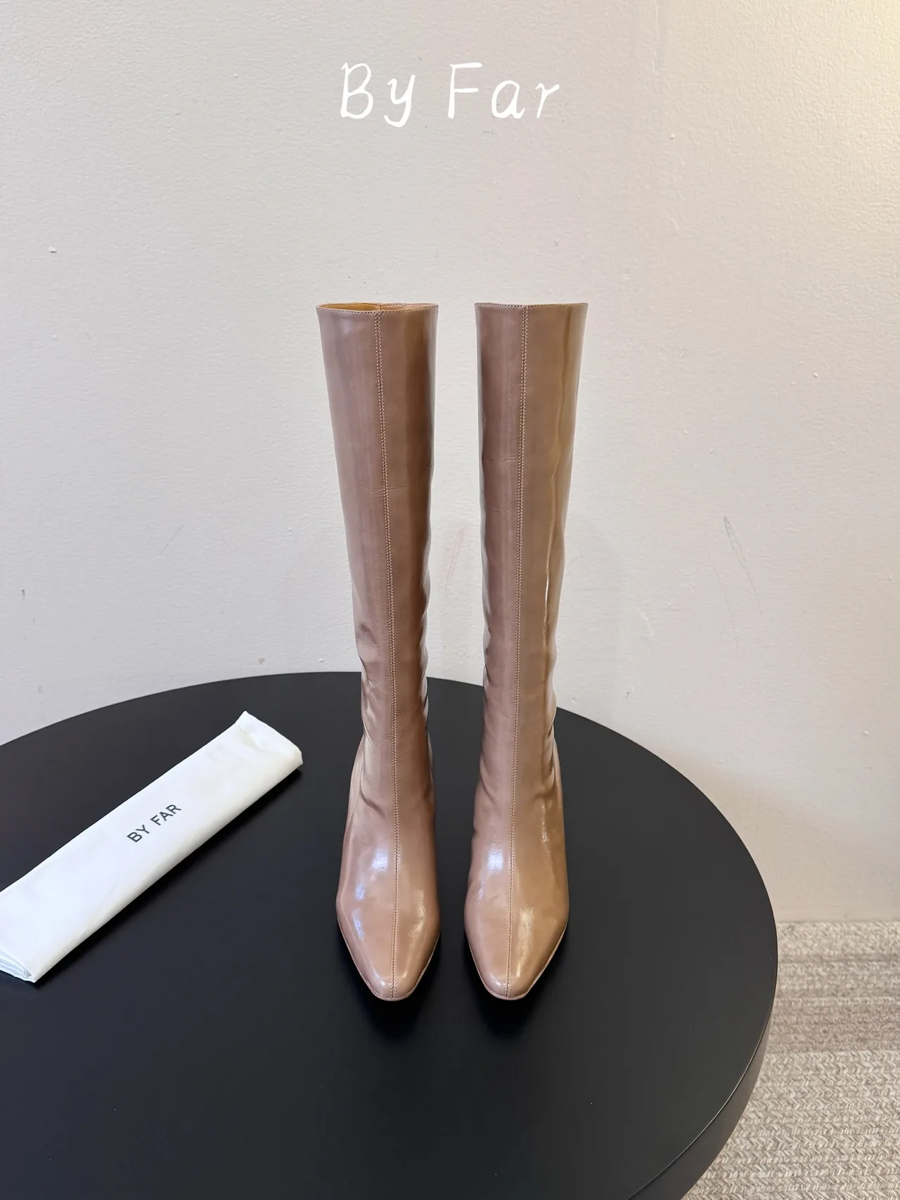 By Far Glossy Pointed-Toe Knee-High Boots in Brown · view 1