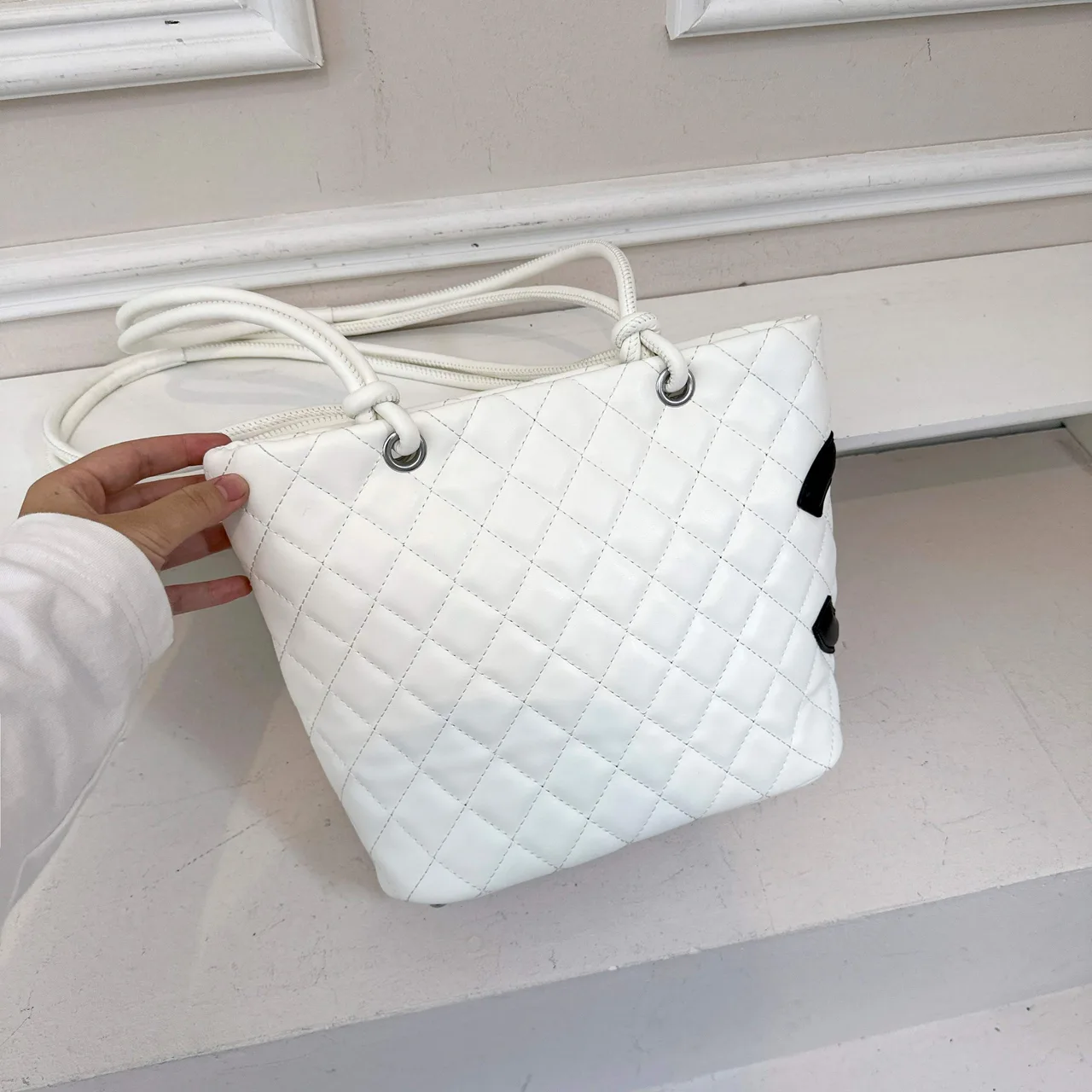 Chanel Quilted CC Tote in Black & White & Pink & Beige · view 5