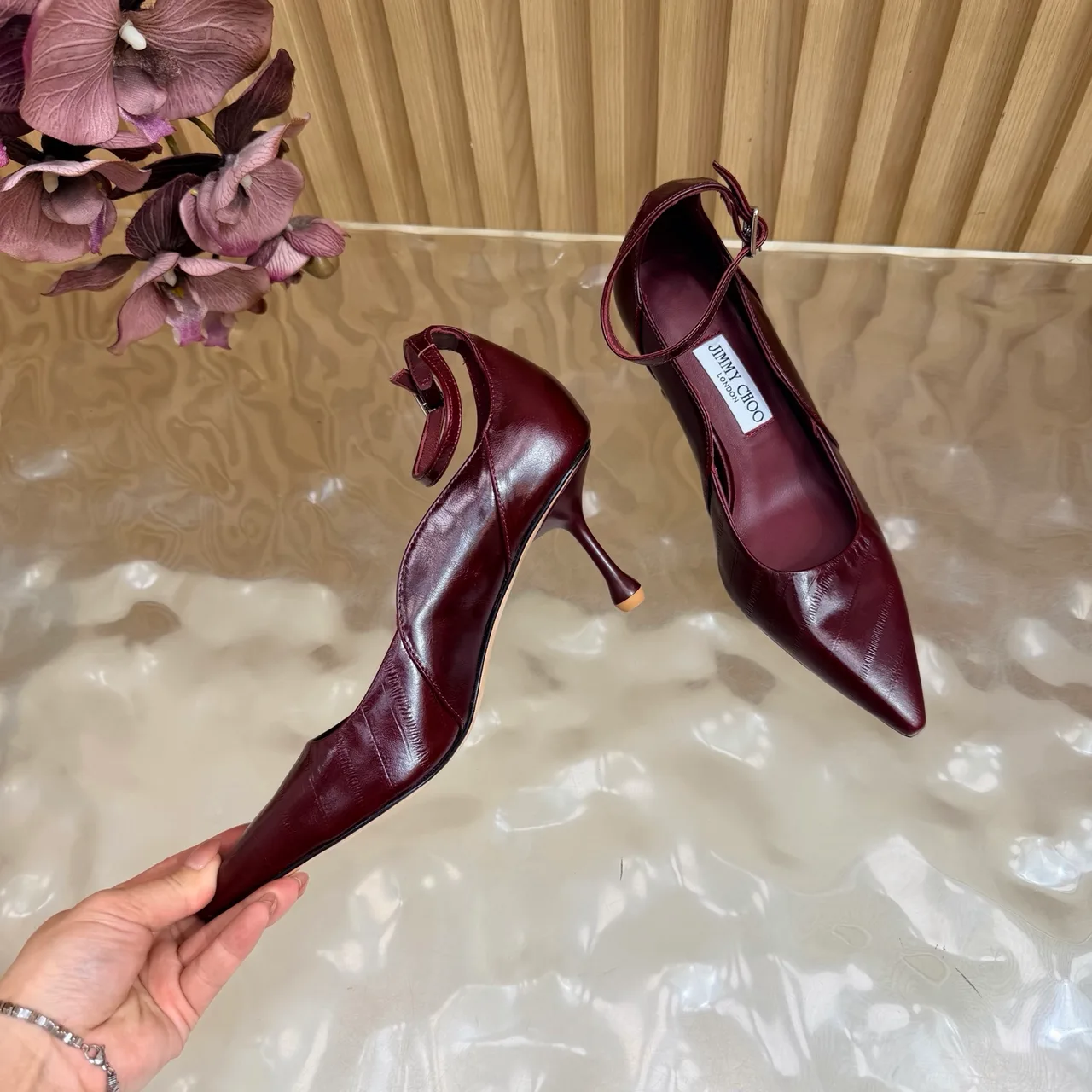 Jimmy Choo Cowhide Glossy Pointed-Toe Pointed Heel Pumps in Burgundy · view 8