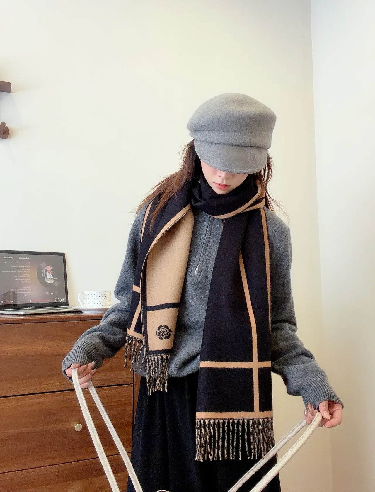 Chanel Camellia Grid Scarf in Black · view 4