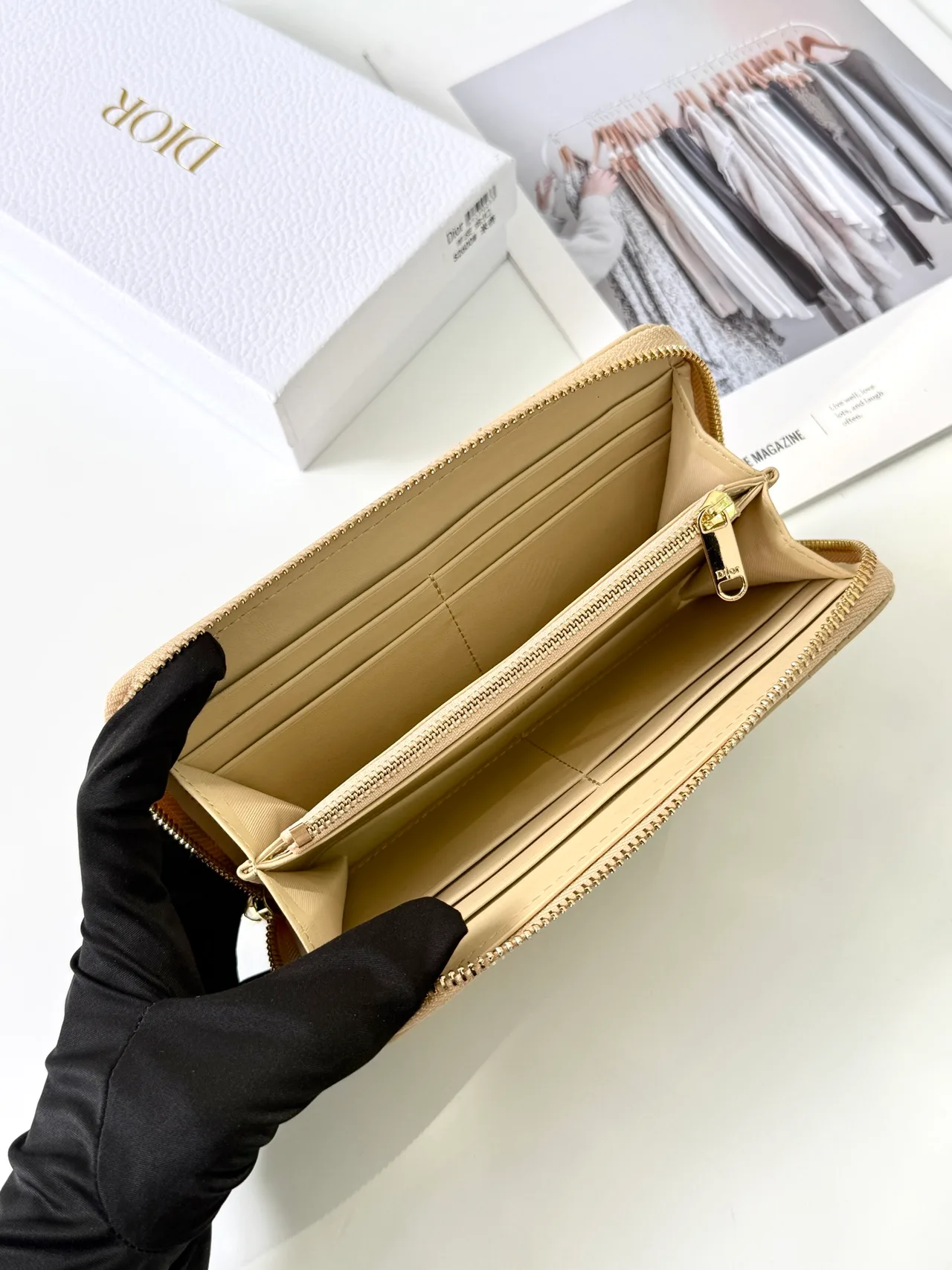 Dior Lambskin Quilted Lady Dior Zip Wallet in Beige · view 6