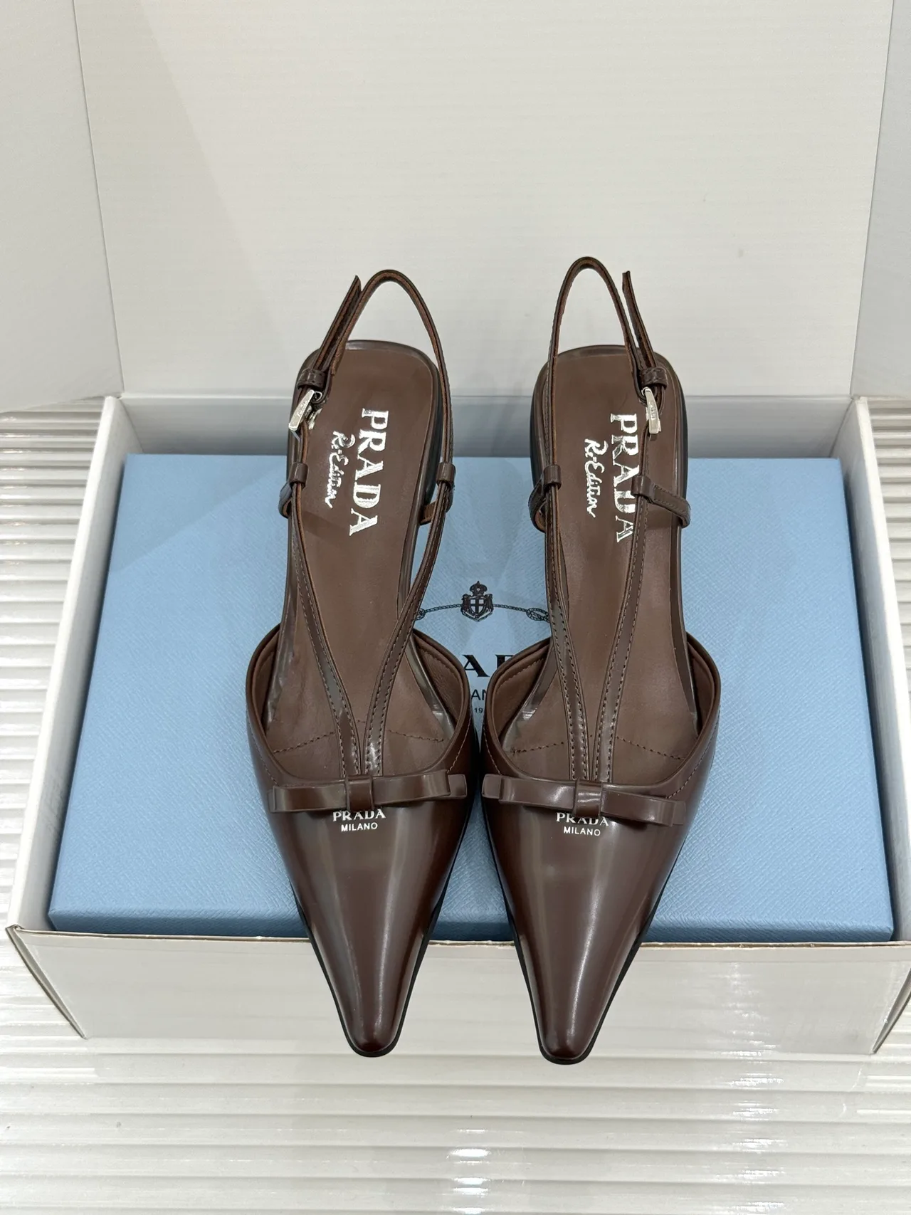 Prada Lambskin Pointed Slingback Pumps in Brown · view 1