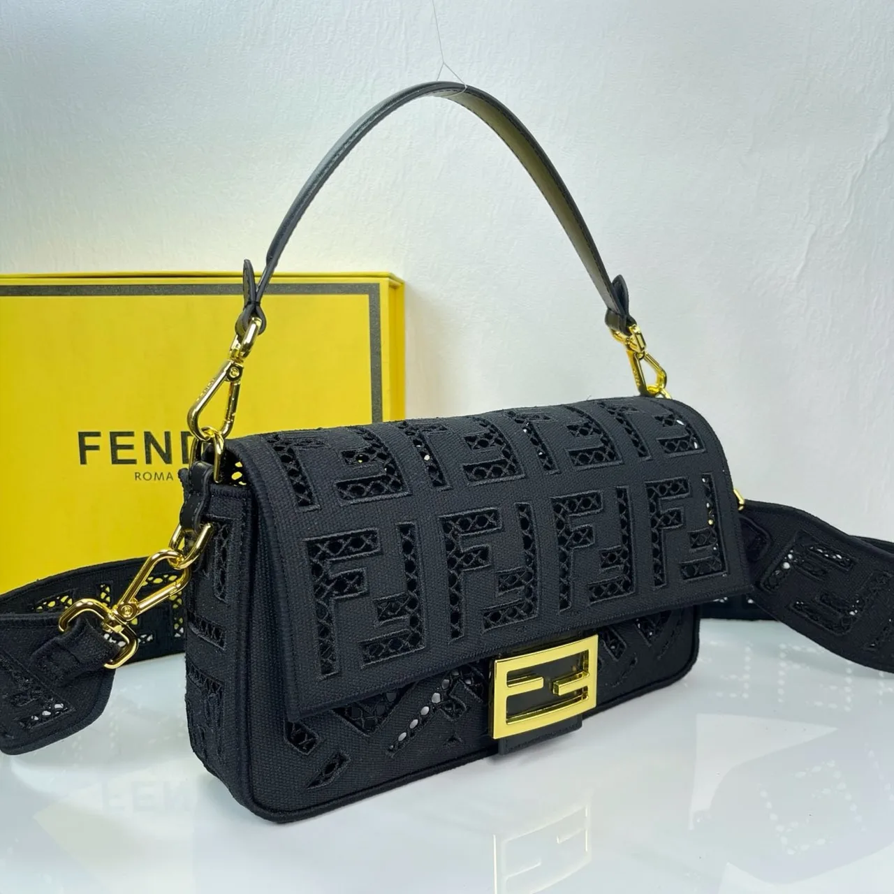 Fendi Canvas Cutout FF-Pattern Flap Shoulder Bag in Black · view 2